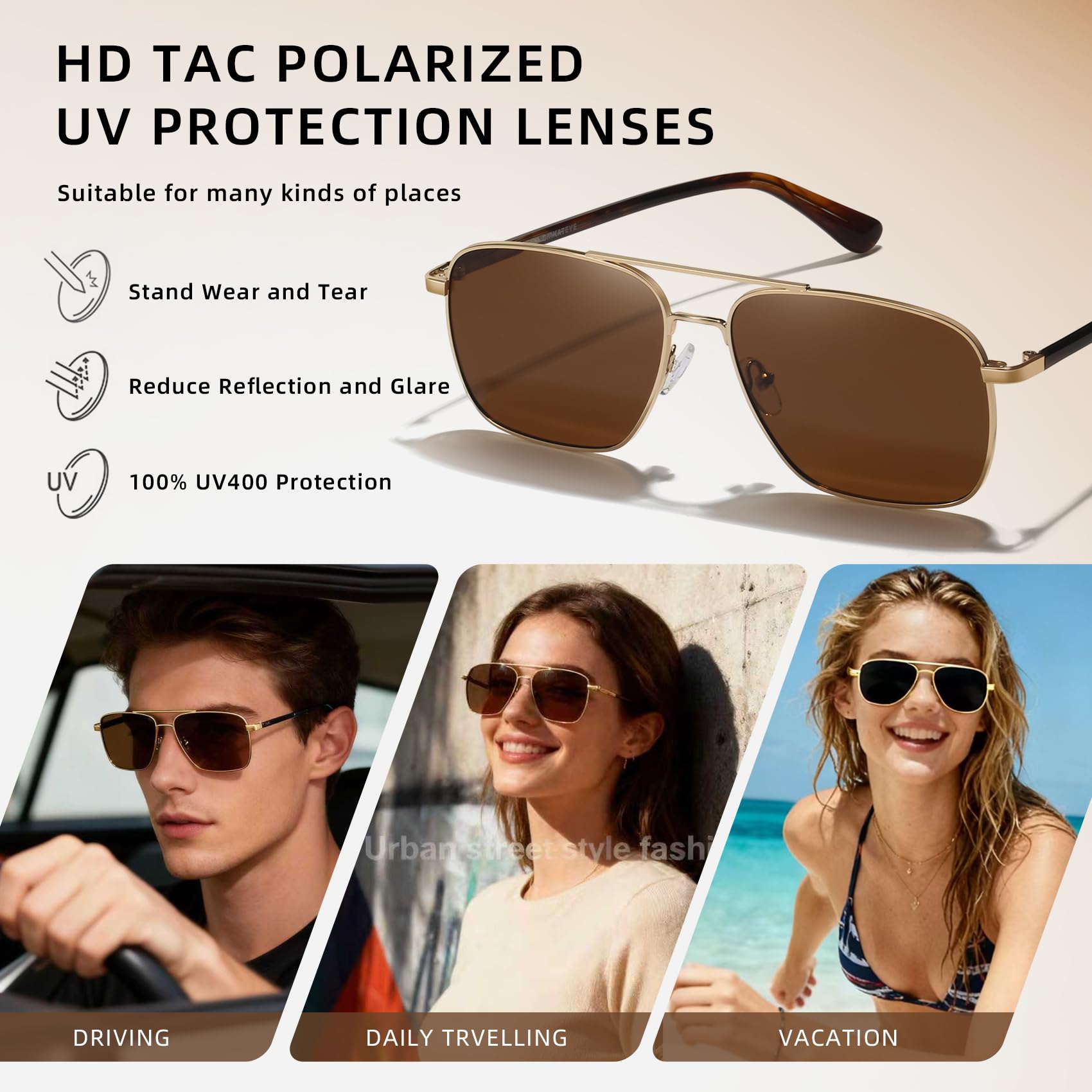 Lentes de sol polarizados de aviador para hombres y mujeres, protección UV400, retro, cuadrados, frescos, gafas de sol