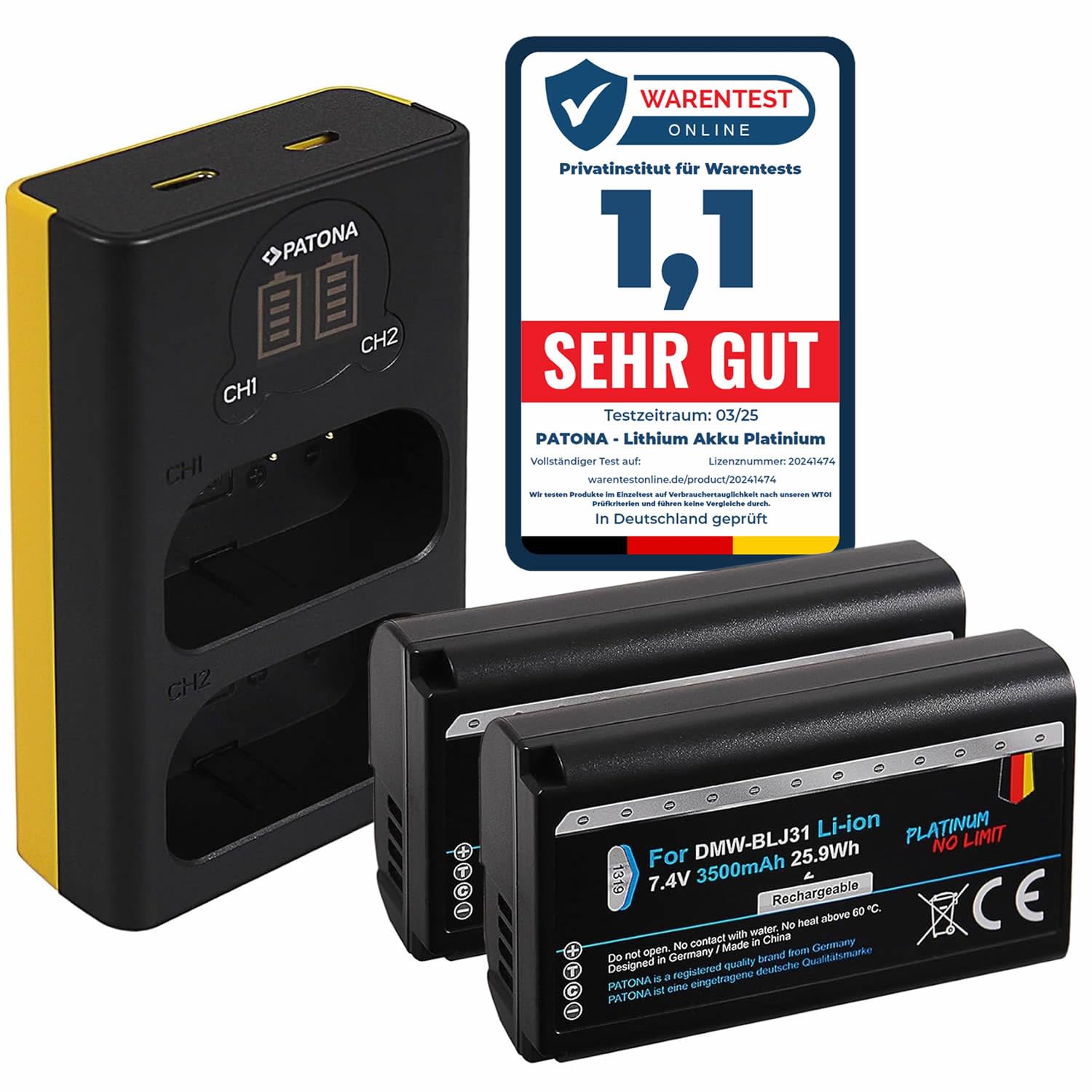 PATONA Set 2X DMW-BLJ31 3500mAh + Cargador Doble LCD USB-C – Repuesto para Panasonic DMW-BLJ31 – para Lumix DC-S1 S1R S1H – Entrada Micro USB y USB-C
