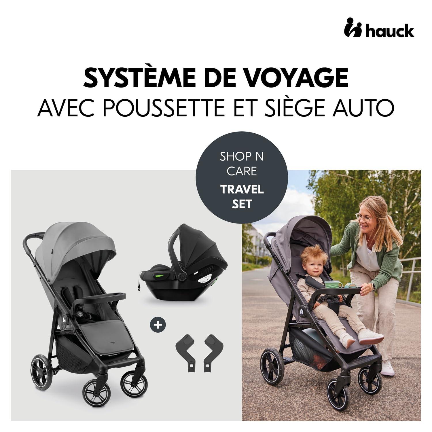 hauck Poussette 2 en 1 Shop N Care Travel Set, Inclus Siege Auto Bebe, dès la Naissance à 22 kg, Pliage Compact, Inclinable, Porte-Gobelet, Tablette, Protection UV 50+ - Gris