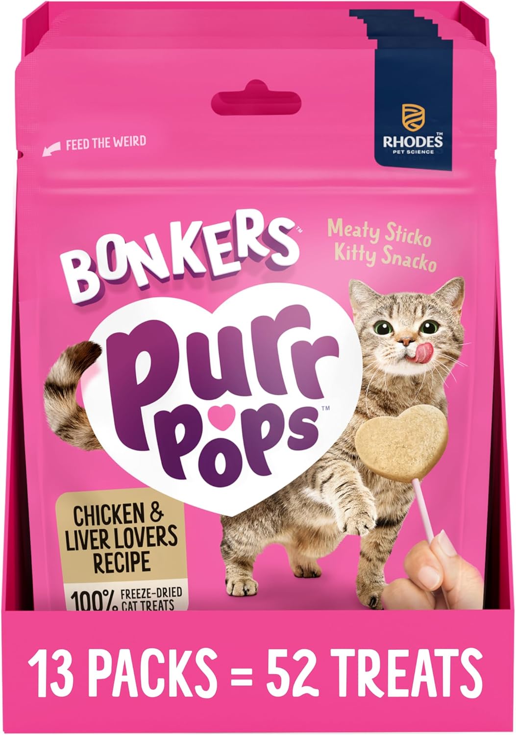 Bonkers Purrpops Freeze-Dried Chicken Liver Flavored Lollipop Treats for Cats, 4 Pieces (Pack of 13)
