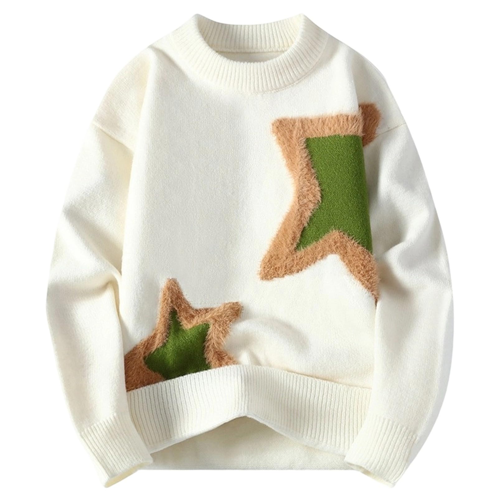 Generisch Jumper Men's Star Pattern Winter Jumper Heavyweight Knitted Jumper Pair Outfit Oversized Knitted Jumper Y2K Sweater Crew Neck Pullover Basic Jumper Business Jumper Ribbed, S1 White, XXL
