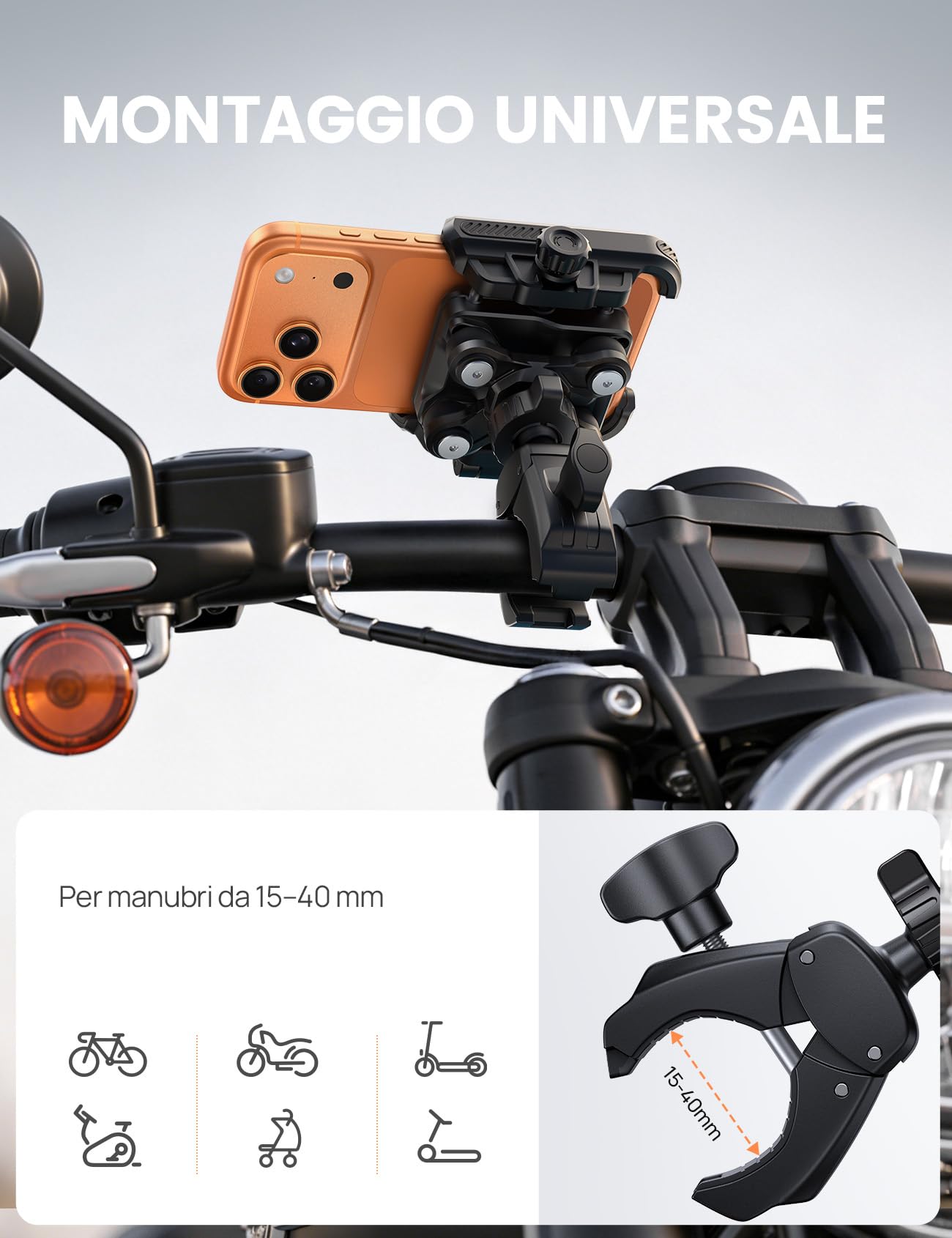 Lamicall Supporto Telefono Moto, Porta Telefono Bicicletta – [Non Copre Fotocamera] [Doppio Ammortizzatore] 1S Sblocco, 360° Rotazione, Porta Cellulare Manubrio per iPhone e Altri Smartphone da 6-7,2"