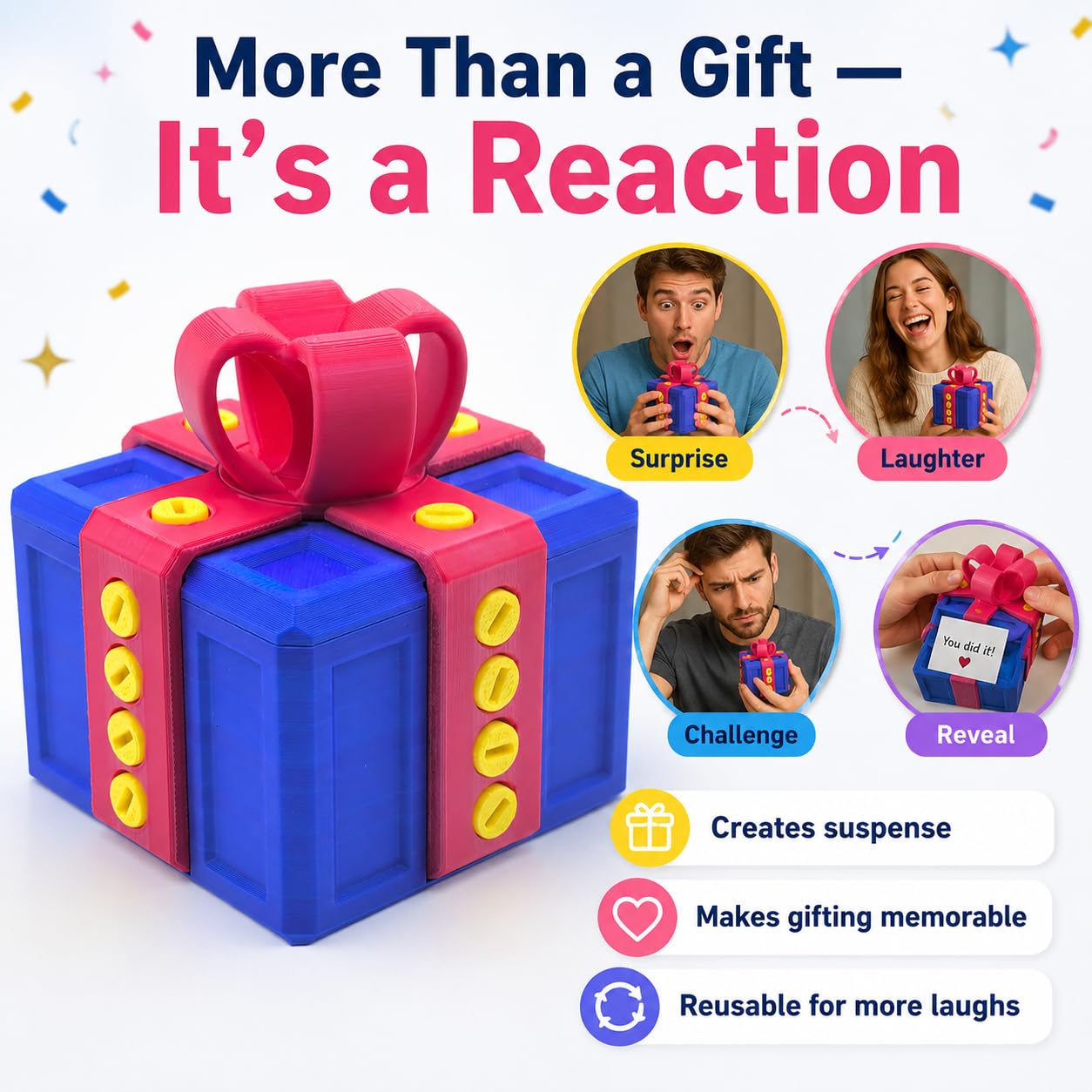 sofarefinish 3.14'' Annoying Gift Box, Multicolor 3D Printed Prank Box, Prank Box Set, 3 Count (Blue with Red, Blue with White, Black with Yellow)