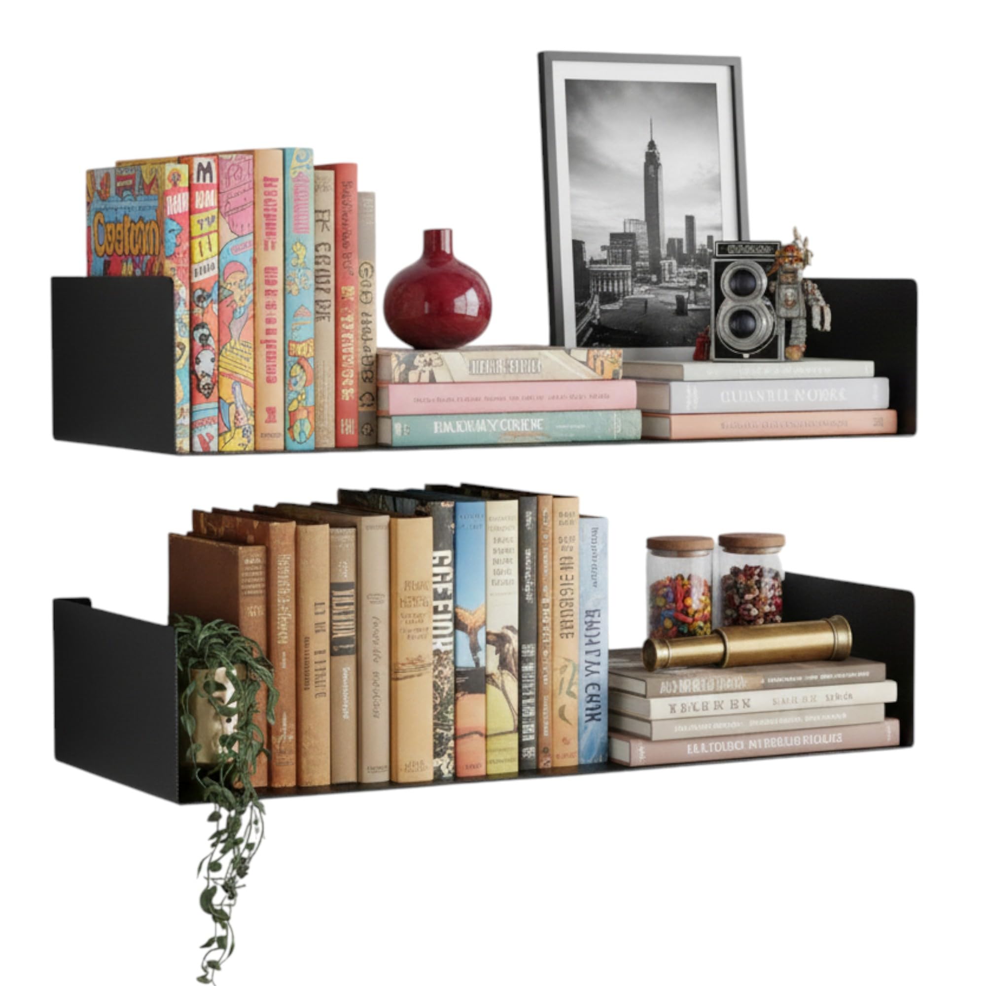 Wall Mount Metal U Shape Shelf Book CD DVD Storage Display Bookcase Black Set of 2-image-28