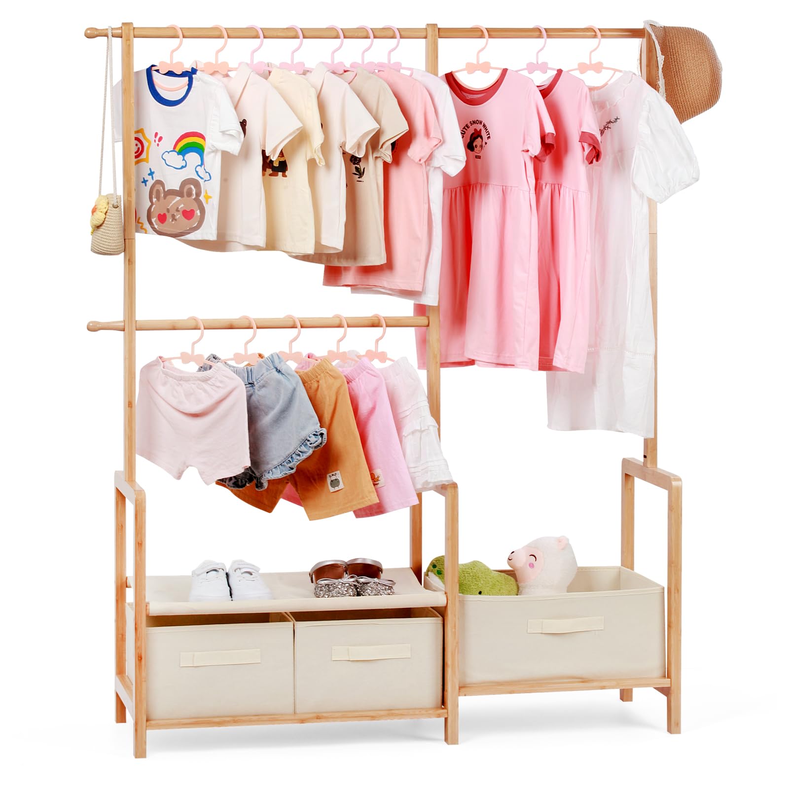 Bamboo Kids Clothing Rack with Triple Hanging Poles, Child Dress Up Rack, Small Organizer GarmentRack with 3 Storage Bins, for Costumes and Accessories (Natural color)