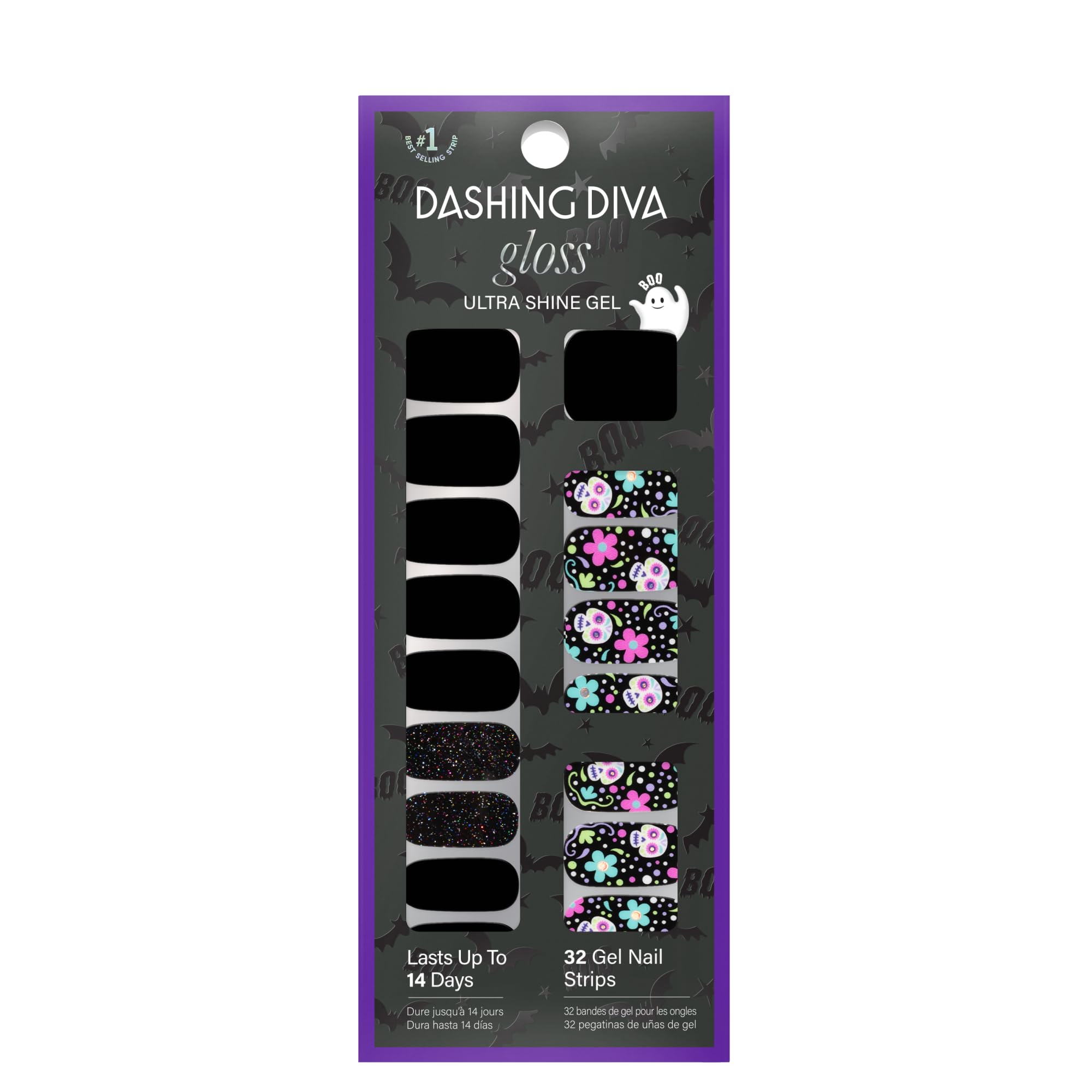 Dashing Diva Gloss Nail Strips - Bone To Pick - UV Free, Chip Resistant, Long Lasting Gel Nail Stickers - 3-Piece Manicure Set - Contains 32 Wraps, 1