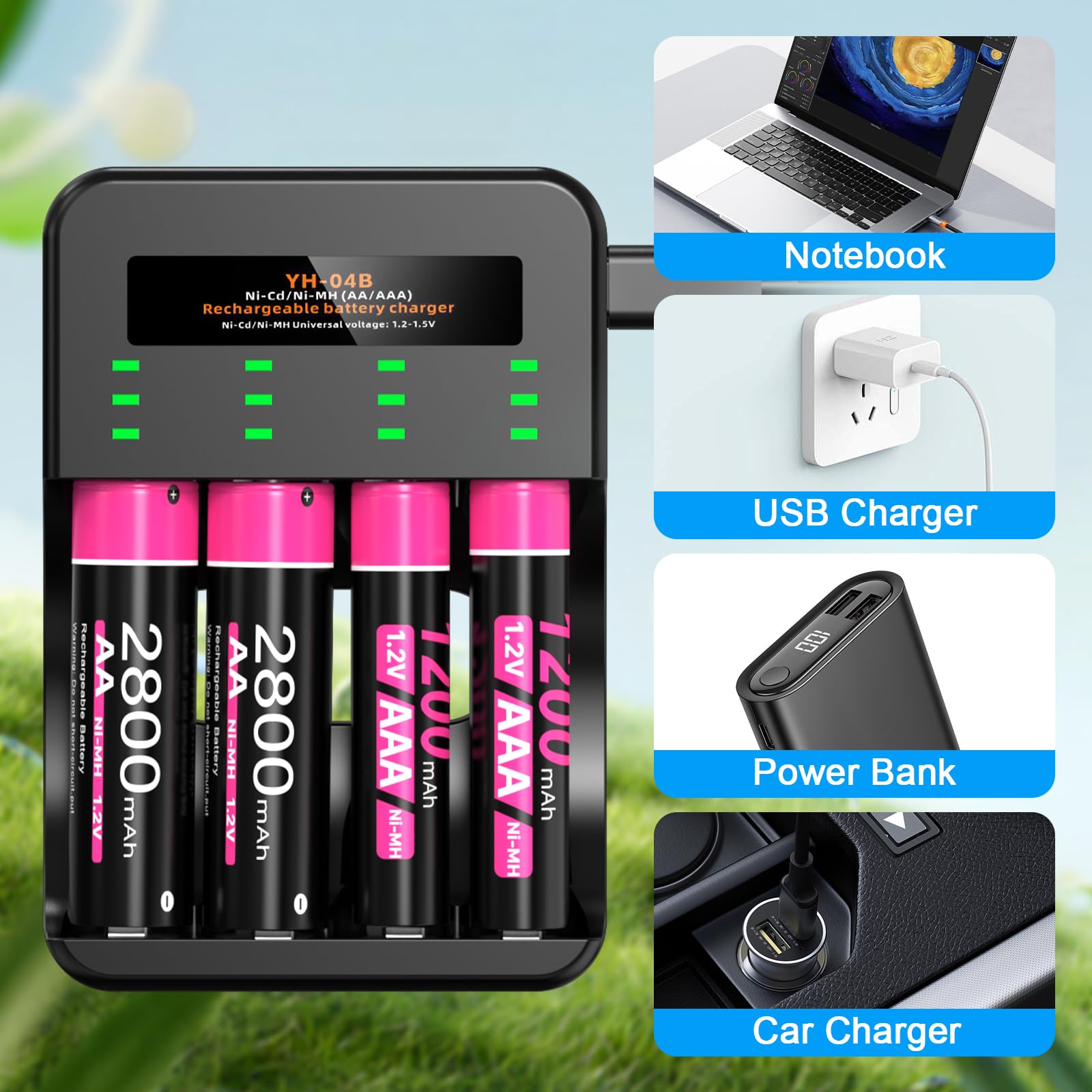 CITYORK Chargeur Piles 8 Slots Indépendants LCD – Rapide USB Pour Ni-MH Ni-CD AA AAA Avec Cycle Rafraîchissant