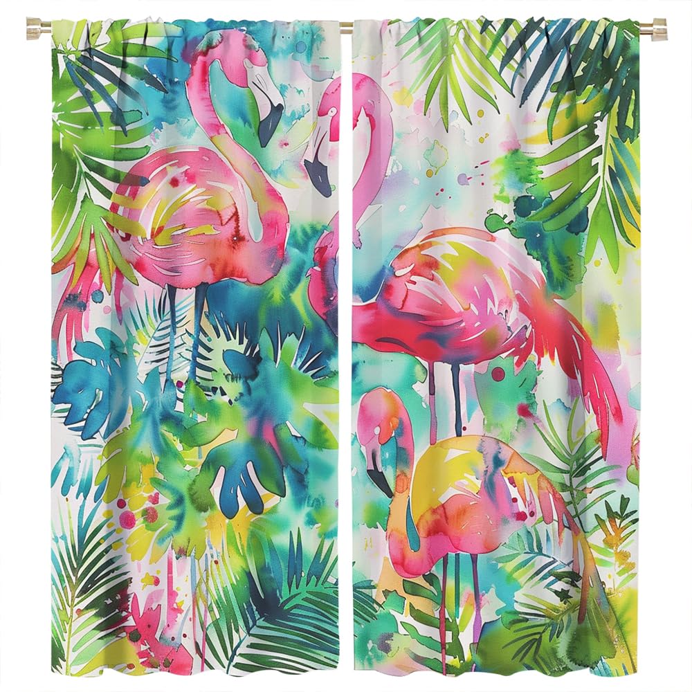 FYFMUSHE Watercolor Flamingo Blackout Curtains Abstract Plants Pink Animals Rod Pocket Window Drapes Room Darkening Curtains for Bedroom 180cm W x 160cm L