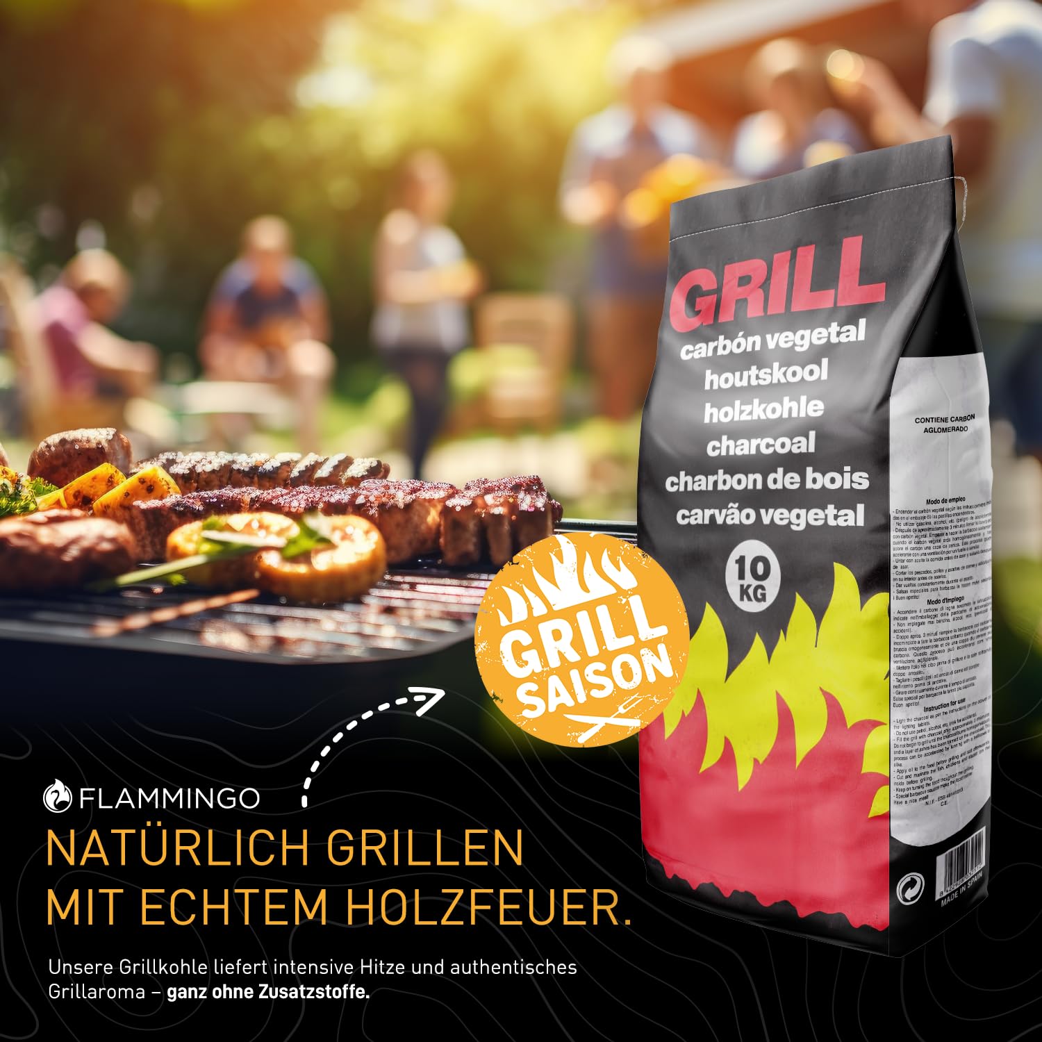 Flammingo® Grillkohle aus Hartholz – 100% Naturkohle mit Langer Brenndauer & intensivem Grillaroma – extra große Körnung – Holzkohle für Grill, Smoker & BBQ – 20kg