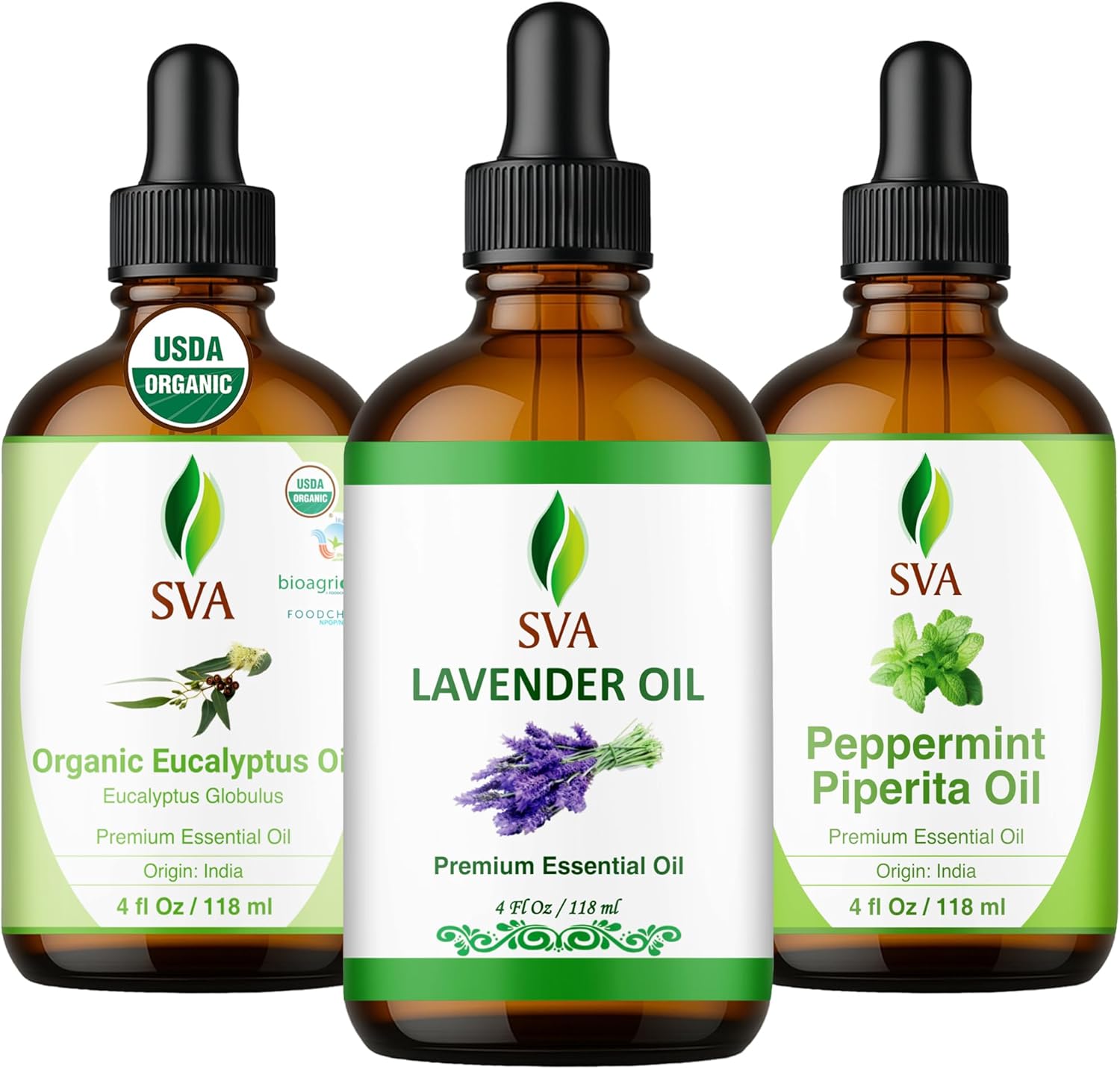 SVA Peppermint, Lavender and Eucalyptus Essential Oil 4oz Bundle Super Saver Combo – Premium Grade Value Set for Aromatherapy, Scalp Massage, Hair Care, Skin & Body