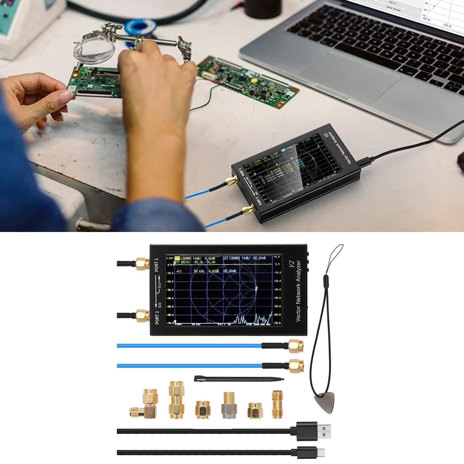ordinarYone Verbessertes NanoVNA-F Netzwerkanalysegerät, 10,9 cm (4,3 Zoll), 50 kHz-3 GHz, UHF-Analyse-Netzwerk-Testerplatine