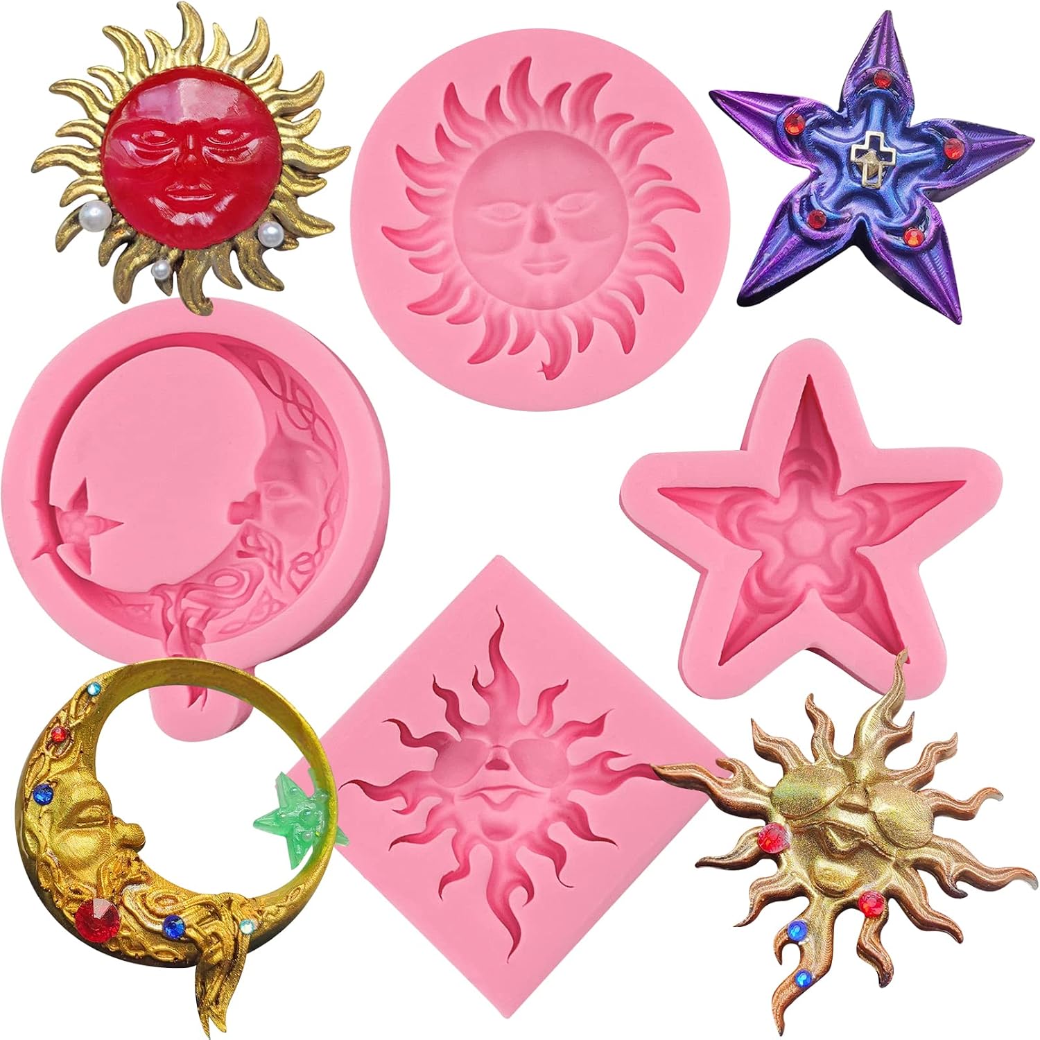 Greek Sun God Fondant Molds 4pcs, Moon Star Cake Decorating Silicone Molds, Chocolate Candy Clay Molds for Cupcake Toppers, Resin Crafts, Modeling Clay, Candles, Marzipan, Cookies, Dough, Flower Paste