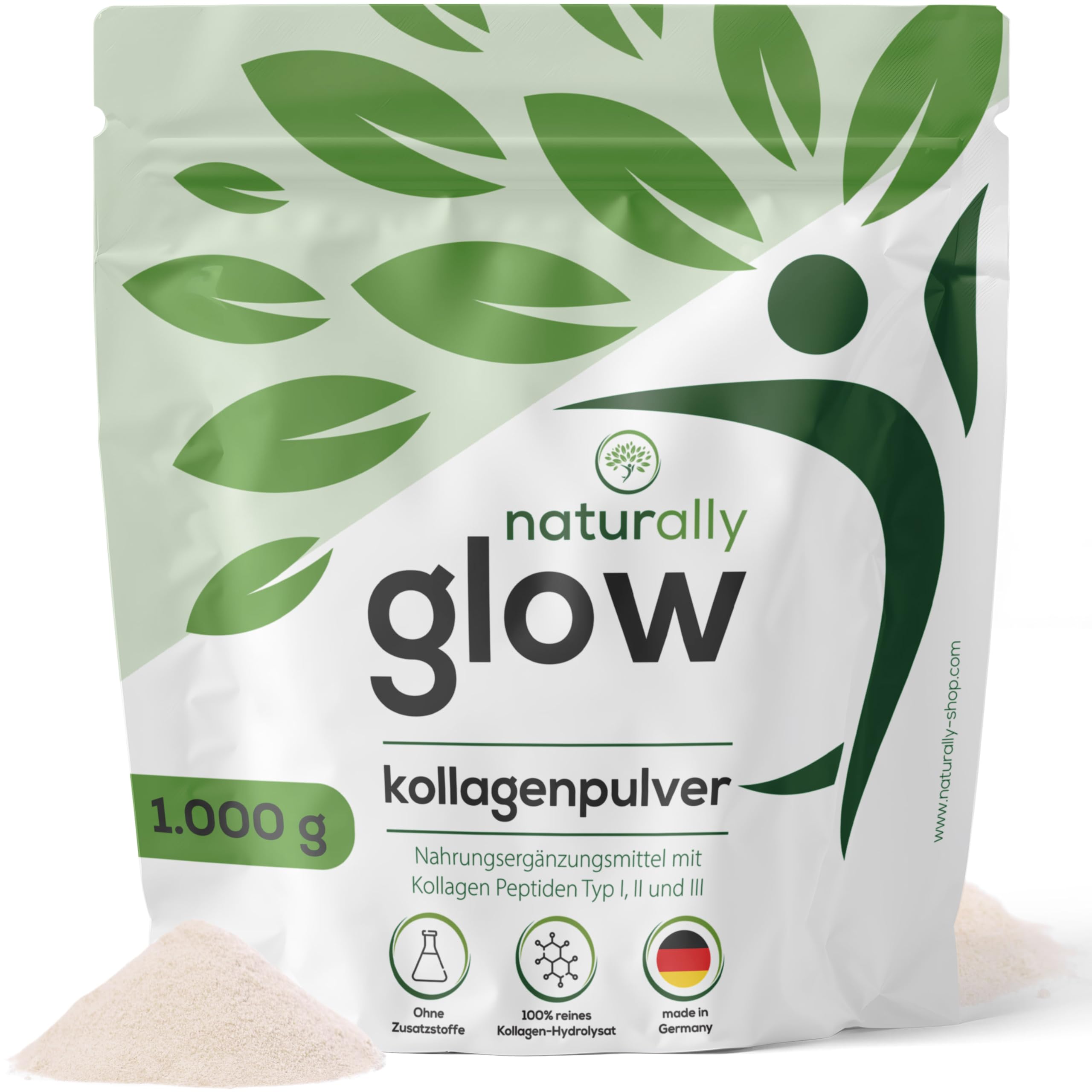 naturally Glow Collagène en poudre 1 kg - Peptides de collagène de bovin hydrolysé | Sans goût et soluble, peptides de collagène de type I, II, III, ~66 portions, poudre de collagène de qualité supérieure