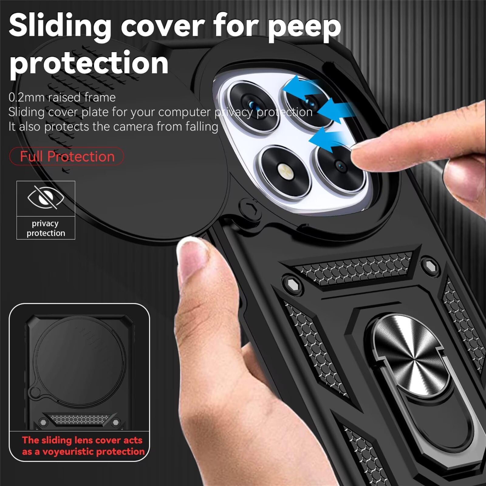Cover Per Xiaomi Redmi 14C Con Vetro Temperato E Anello Rotante – Custodia Scorrevole Con Protezione Fotocamera Antiurto | Nero, 2 Vetri Inclusi