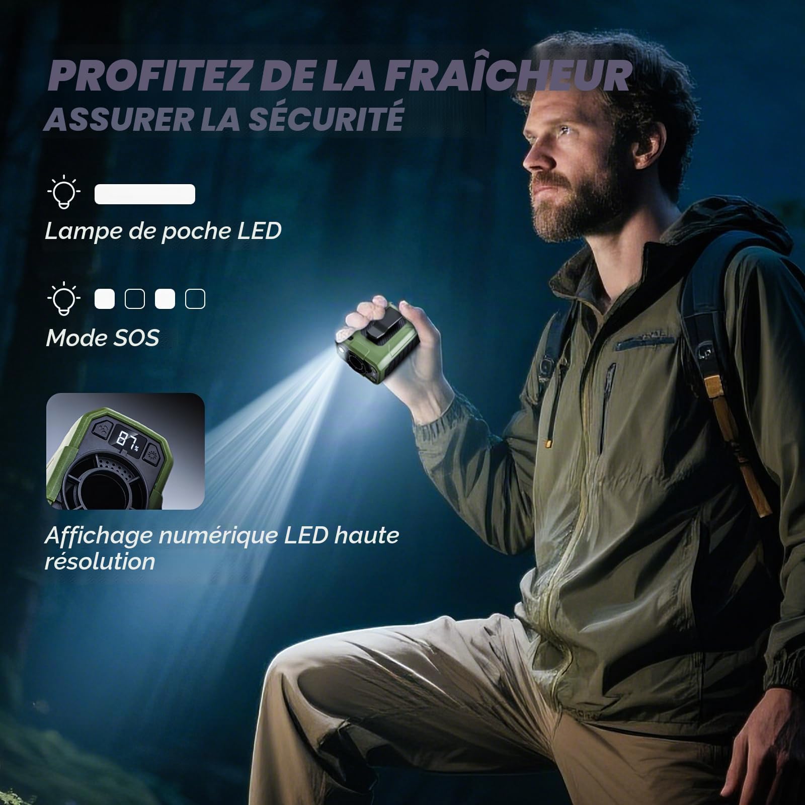 LONHEO Ventilateur 4 en 1 à clip de taille avec batterie externe de 10 000 mAh, 5 vitesses, rechargeable, ventilateur de ceinture portable pour l'extérieur, le camping, l'escalade