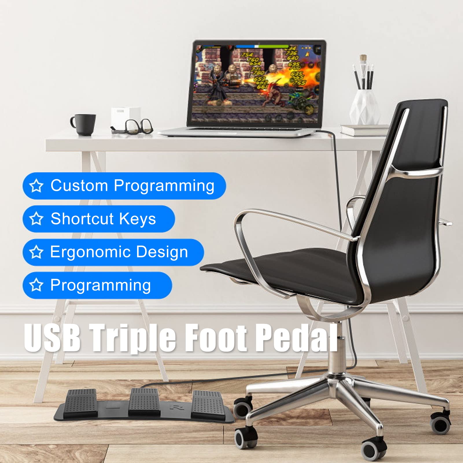 Yunseity Pedal de Interruptor de Pie Triple USB Pedal de Pie USB PC Interruptor de Pie Triple Teclado de Computadora Programable para Jugar, Photobooth, Hacer Zoom, Etc.