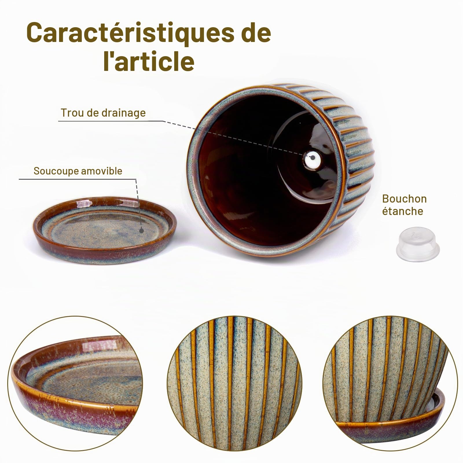 Oairse Lot de 2 pots de fleurs en céramique avec trous de drainage et soucoupes pour intérieur moderne Motif rayures Marron 13 x 15 cm