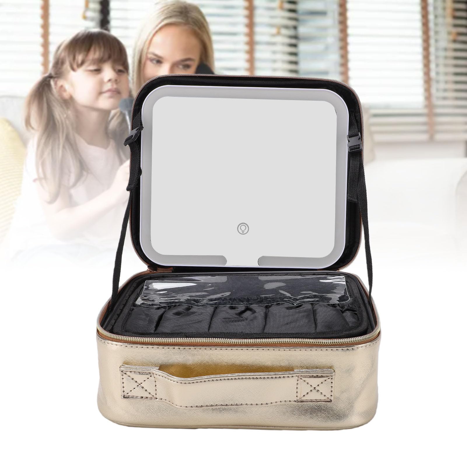 Trousse Maquillage avec Miroir LED, Cuir PU, Imperméable