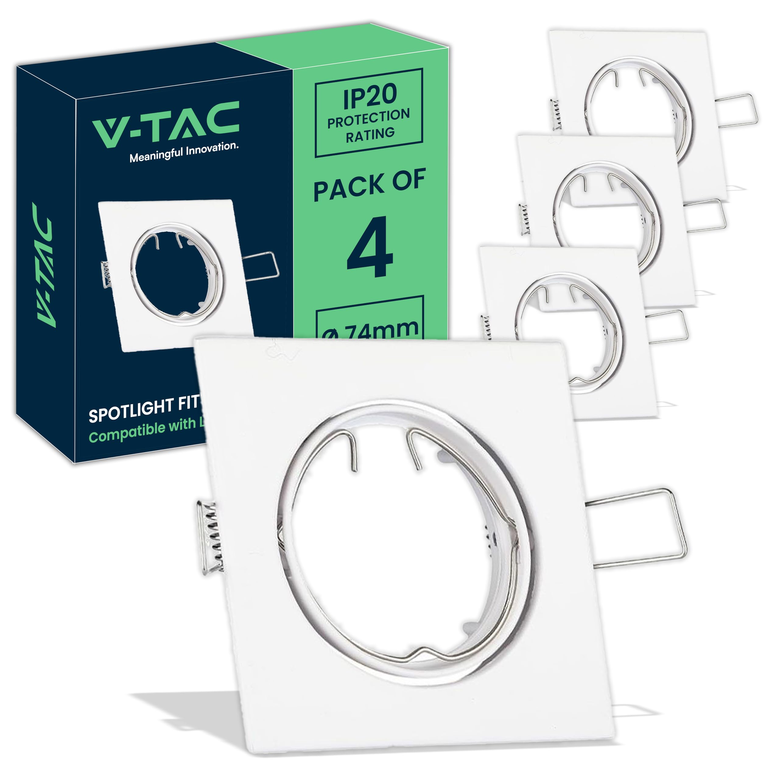 V-TAC 4x Portafaretto LED da Incasso Orientabile in Allumimnio per Faretto GU10-4 Pezzi - Sezione Incasso 74 mm - Cornice Quadrata da Lampadina per Cartongesso, Legno, Mensole, Casa -