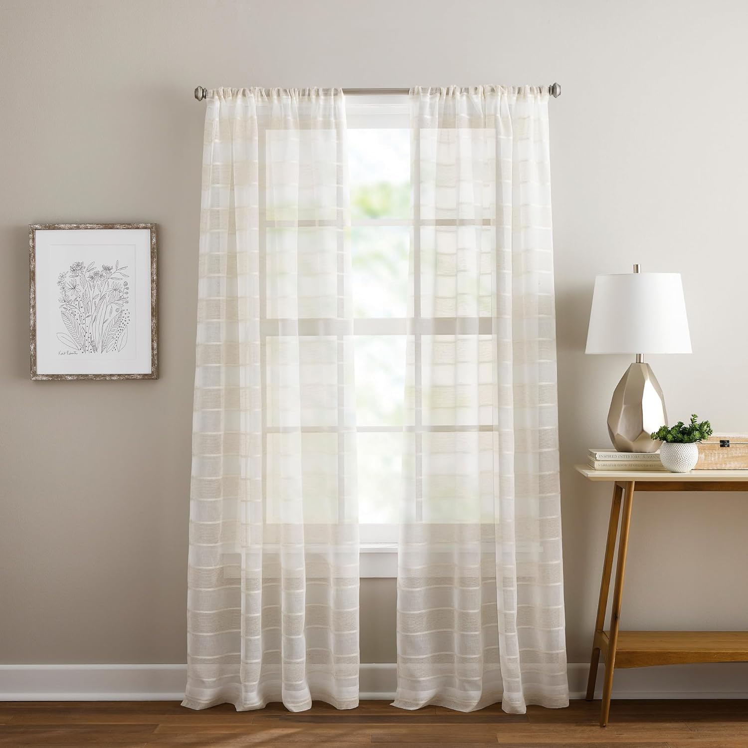 Curtainworks Linen Beige and White Striped Sheer Curtains for Living Room- 50" x 84"- Set of 2 Curtain Panels