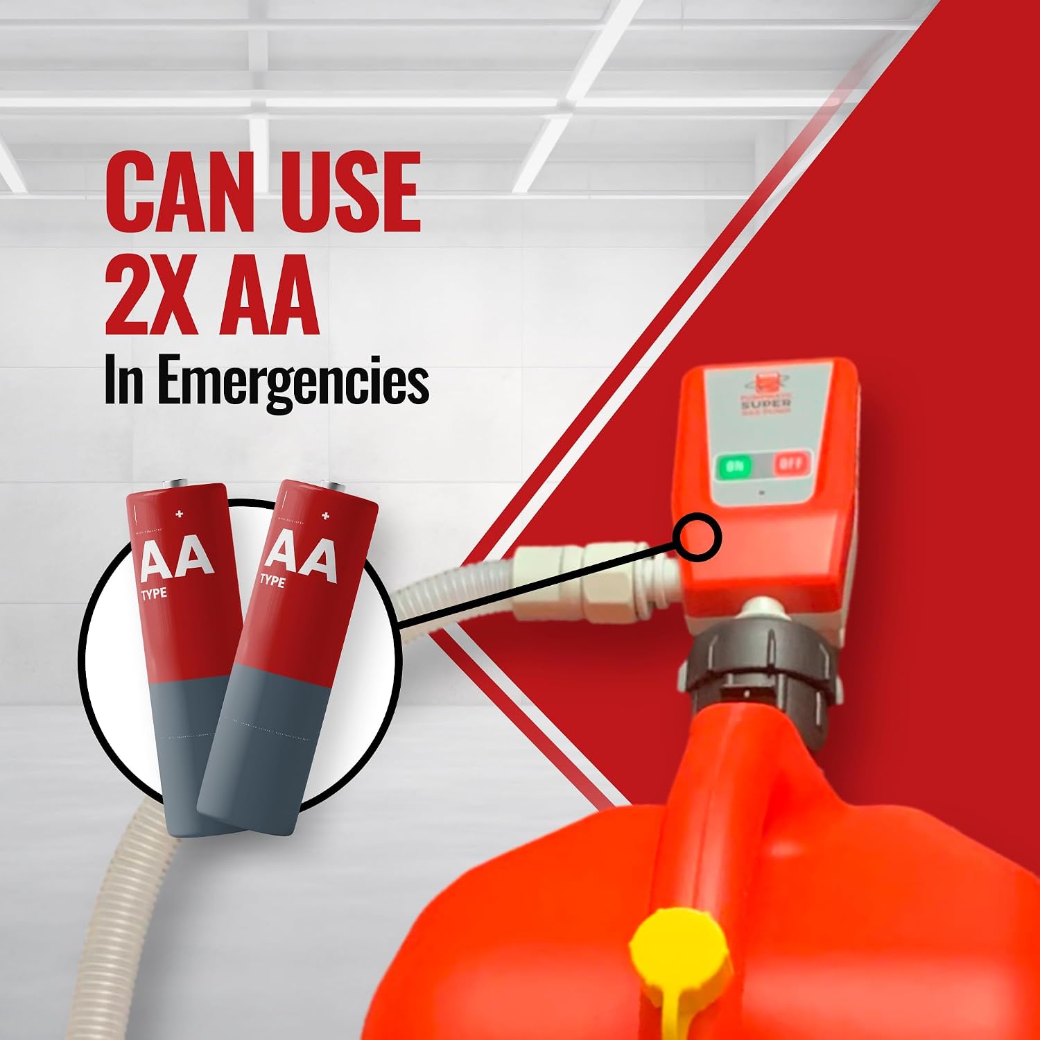 Flow Control Battery Powered Fuel Transfer Pump 4.25 Ft Hose, 3.2 GPM, Auto Stop Sensor - Gas Can Pump