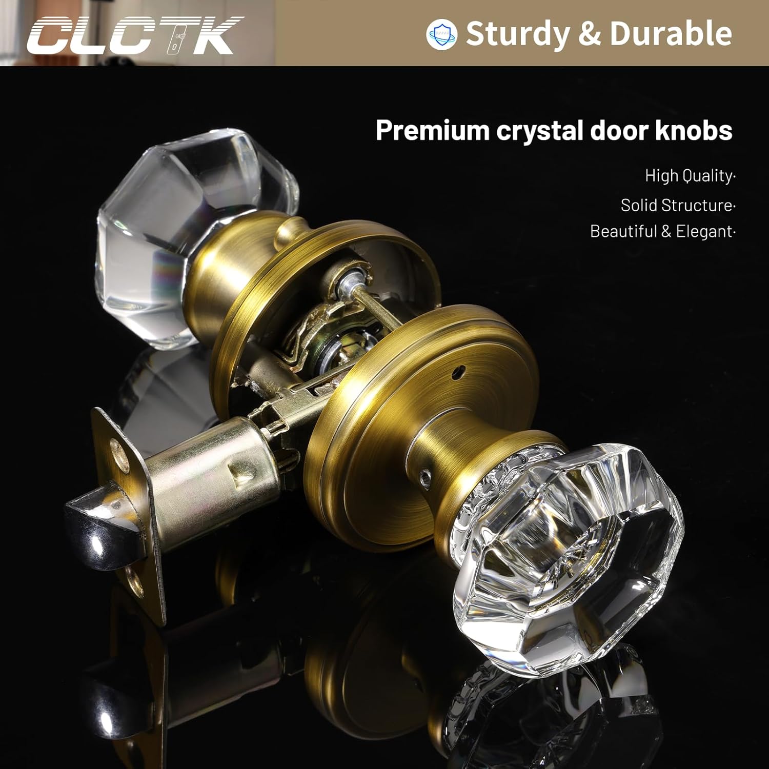 Antique Brass Door Knobs Glass Door Knobs Interior with Lock, Vintage Crystal Privacy Octagon Door Knobs for Bedroom Bathroom