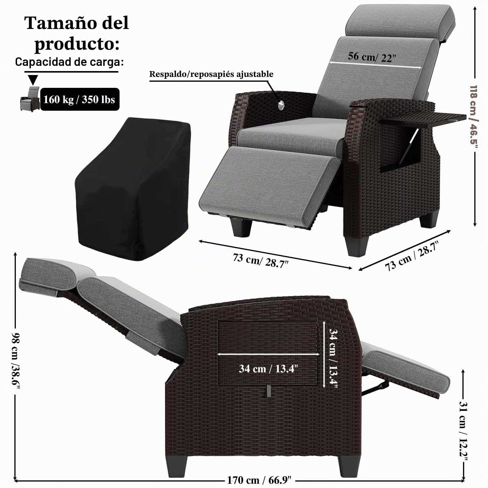 Fiutazge Tumbona de Ratán Respaldo Regulable con Cojín,Funda Protectora,Tumbona de Jardín,Fácil Limpieza Fundas Intercambiables,Silla de jardín,para Patio Terraza-Gris