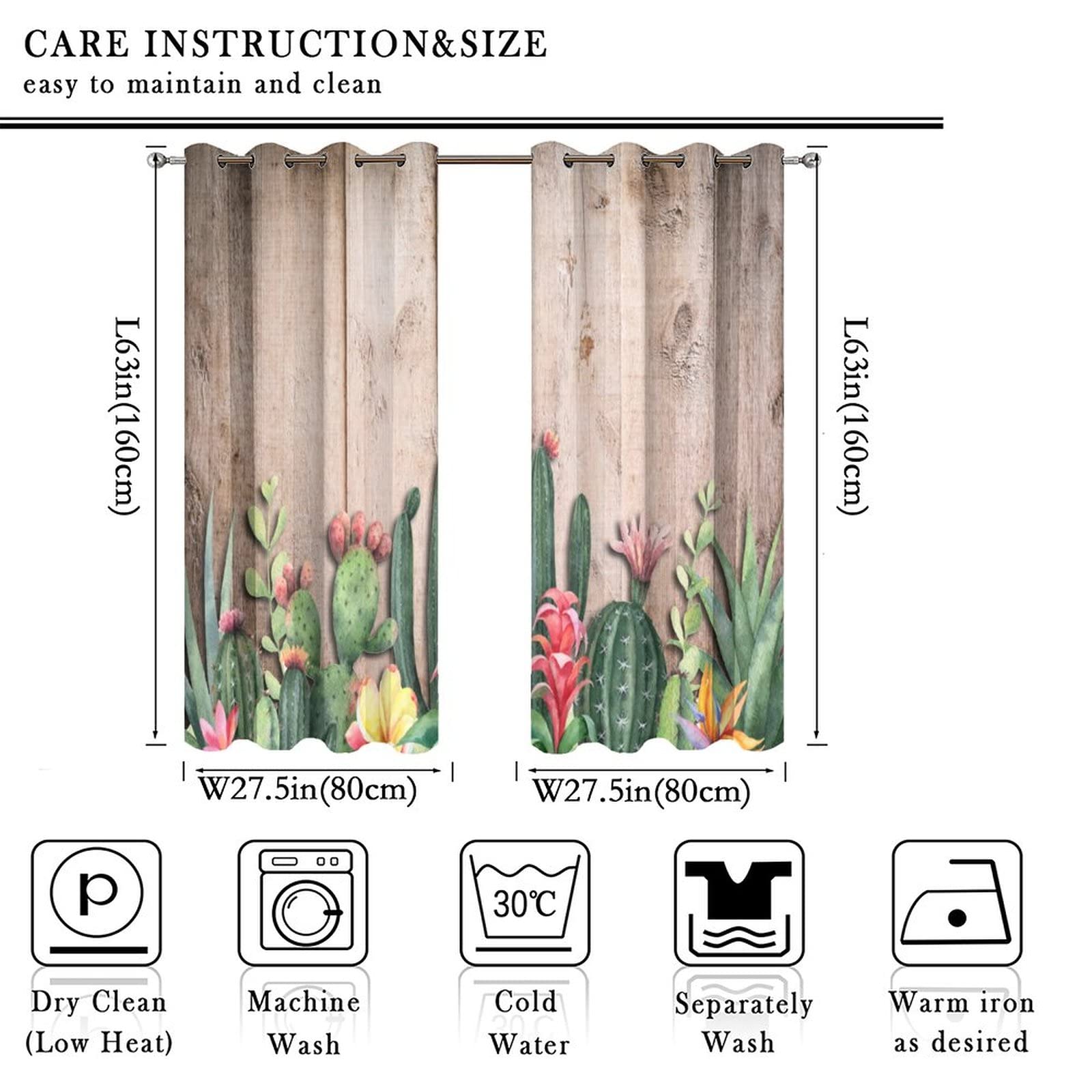 Kazynee Tropical Desert Succulent Cactus Ultra Soft Premier Blackout Curtains,Rustic Wooden Board Blossom Plant Flowers Thermal Insulated Bedroom Noise Reducing Grommet Top,2 Panels 63L x 27.5W