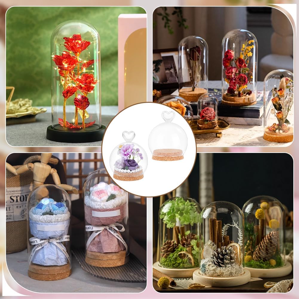 NBEADS 4 Pcs Decorative Jars Display Case, 3x4.7 Inch Heart Glass Dome Display Cloche Decorative Glass Dome Cover for Specimen Plants Rocks Flowers Storage Arts Dispaly, Round