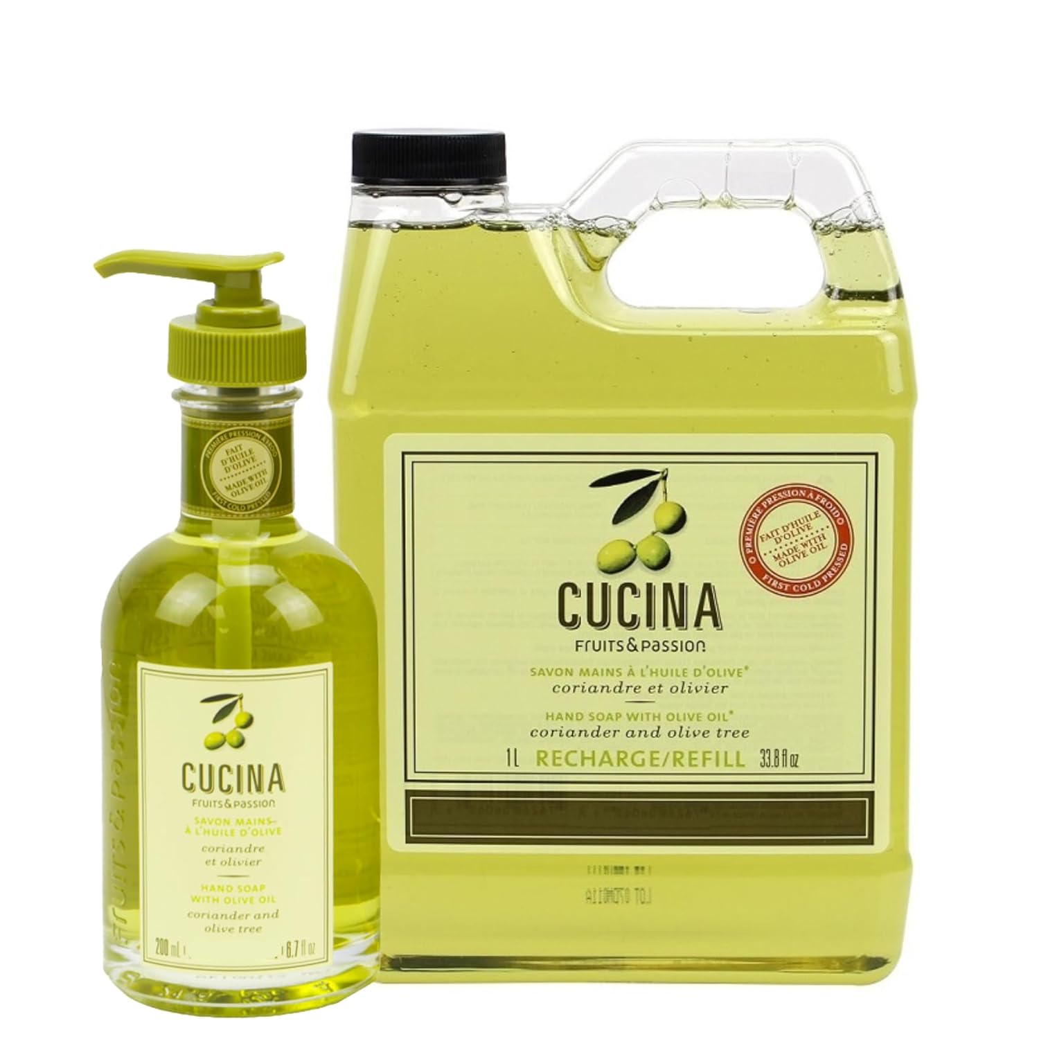 Cucina Fruits & Passion Coriander and Olive Tree Hand Soap Set, 6.7 fl oz Glass Bottle and 33.8 fl oz Refill, Made in Canada