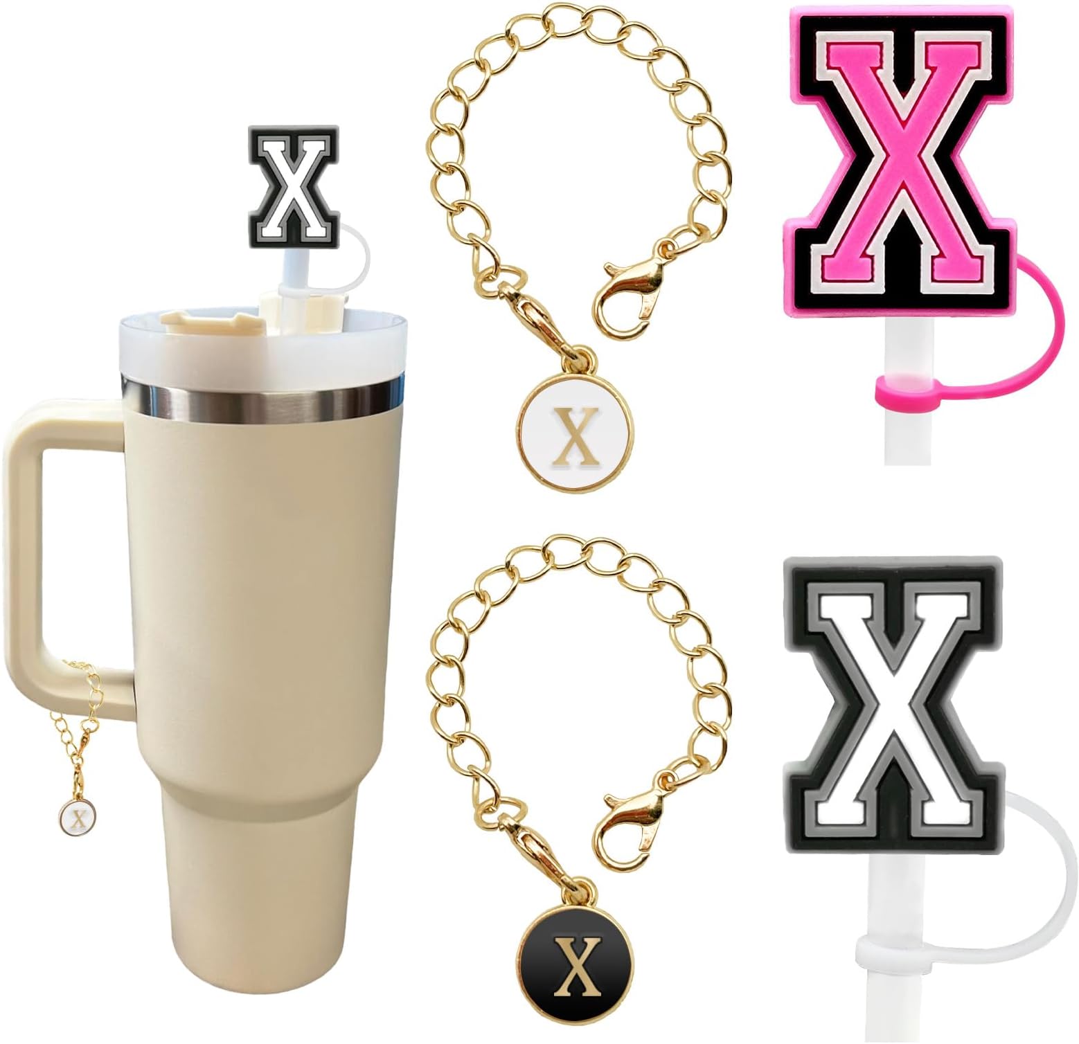 （2+2）2PCS Straw Cover for Stanley Cup 30&40 Oz 10mm Straw Topper with 2PCS Stanley Cup Accessories Letter Charms Name ID Initial Letter Handle Personalized Charm For Stanley Tumbler (Letter X)