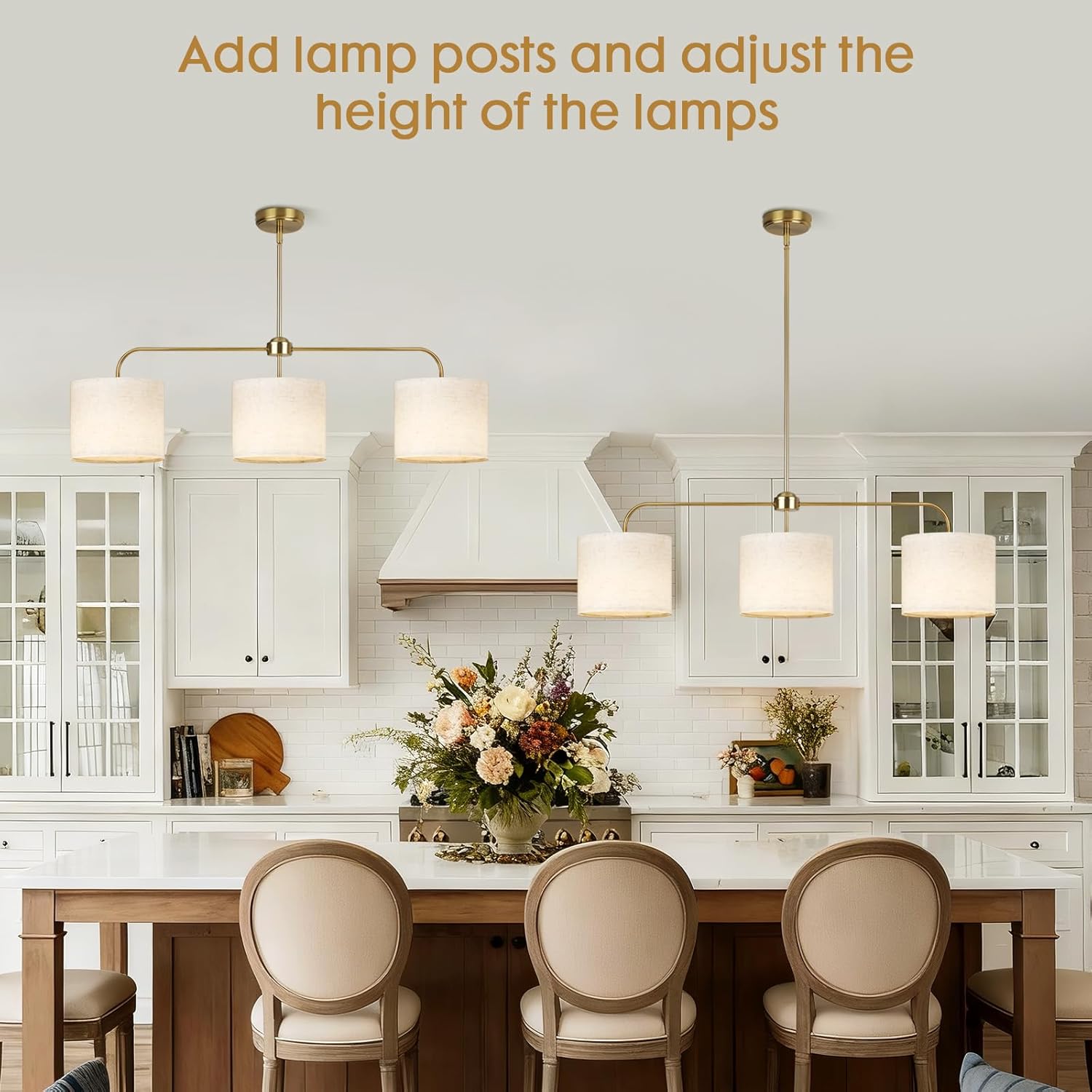 3 Light Gold Linear Chandelier with Linen Beige Drum Shades,Modern Pendant Light Fixture for Kitchen Island,Dining Room,Living Room,Mid-Century Ceiling Light Fixture,Adjustable Height Island Light