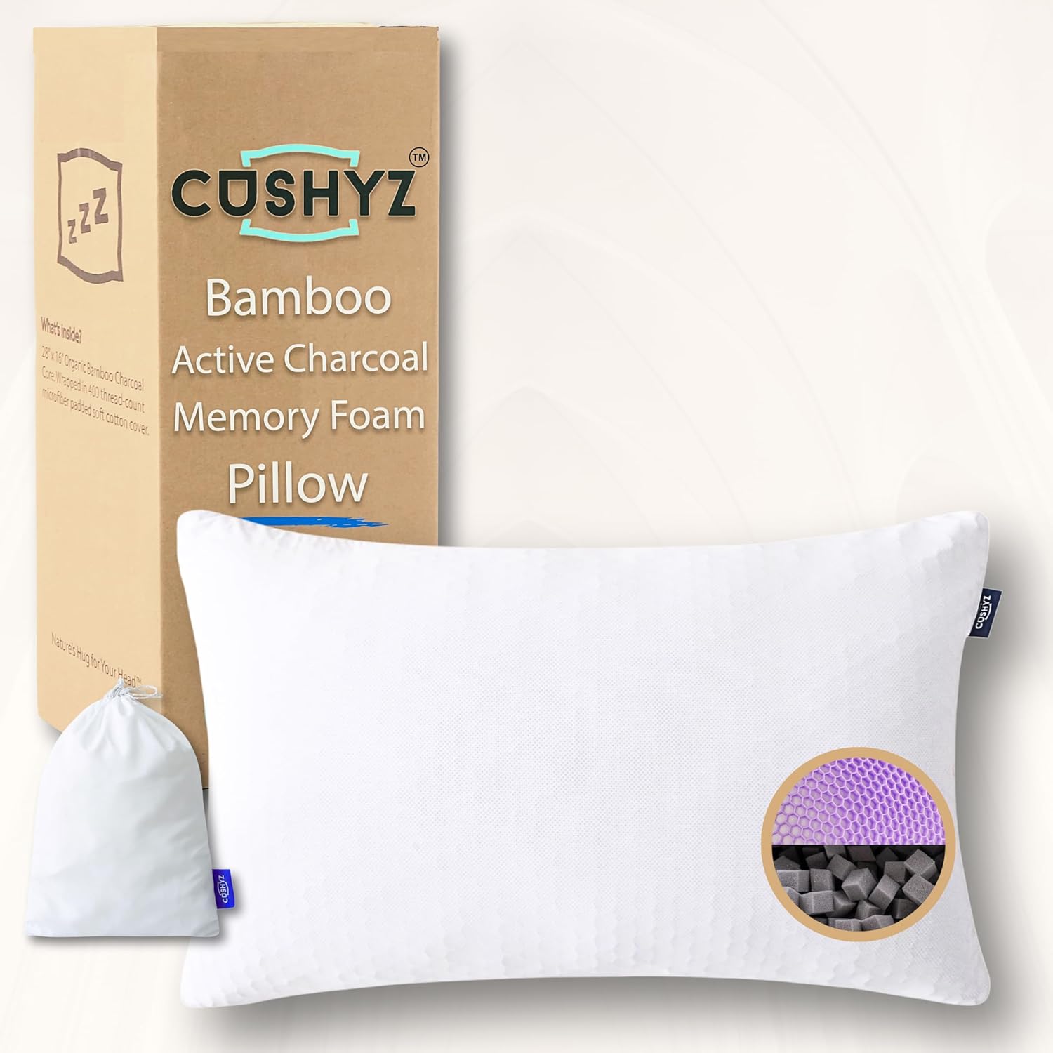 Adjustable Bamboo Charcoal Memory Foam Pillow 28x16 in Classic Shape for Neck Shoulder Support 3D Honeycomb Cooling Cover