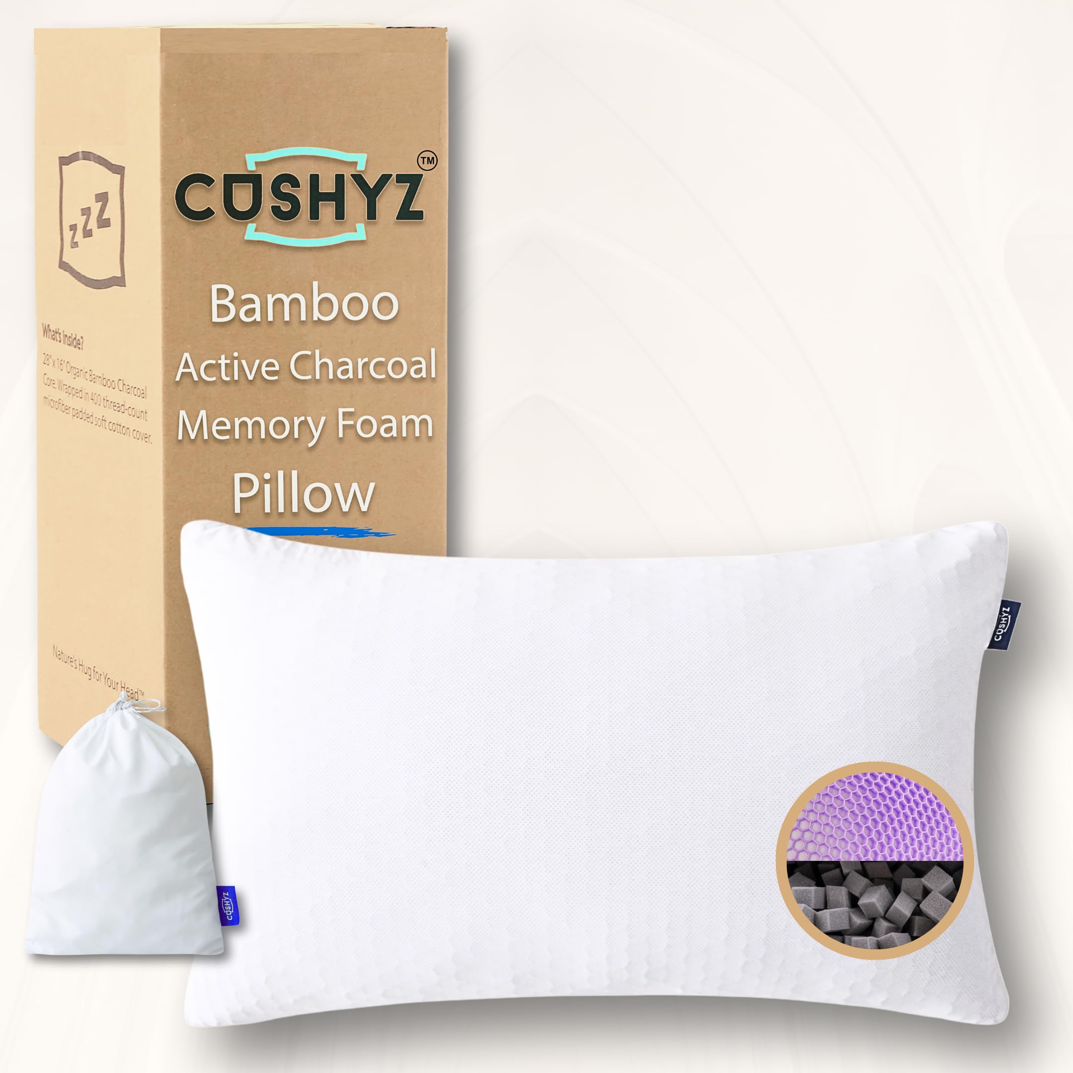 Adjustable Bamboo Charcoal Memory Foam Pillow 28x16 in Classic Shape for Neck Shoulder Support 3D Honeycomb Cooling Cover
