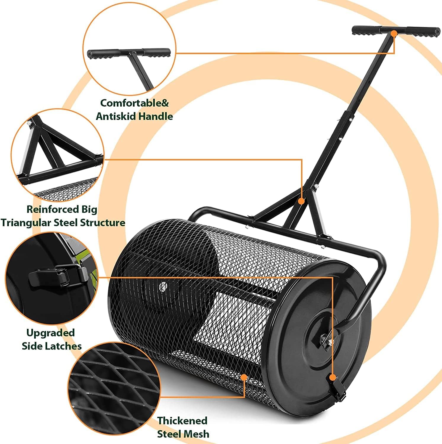 24” Compost Spreader Peat Moss Spreader, Lightweight Metal Mesh Manure Spreader with Adjustable T Shaped Handle for Planting & Seeding, Fertilizer Spreaders for Lawns & Garden