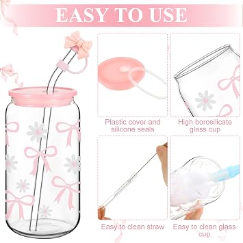 6 Pcs Coquette Pink Bow Glass Cup Bulk 16oz Aesthetic Cute Glass Cup with Lids and Straws Reusable Pink Bow Silicone Straw Toppers Lids Protectors 2 Brush for Drinking Iced Coffee Tea Cocktail