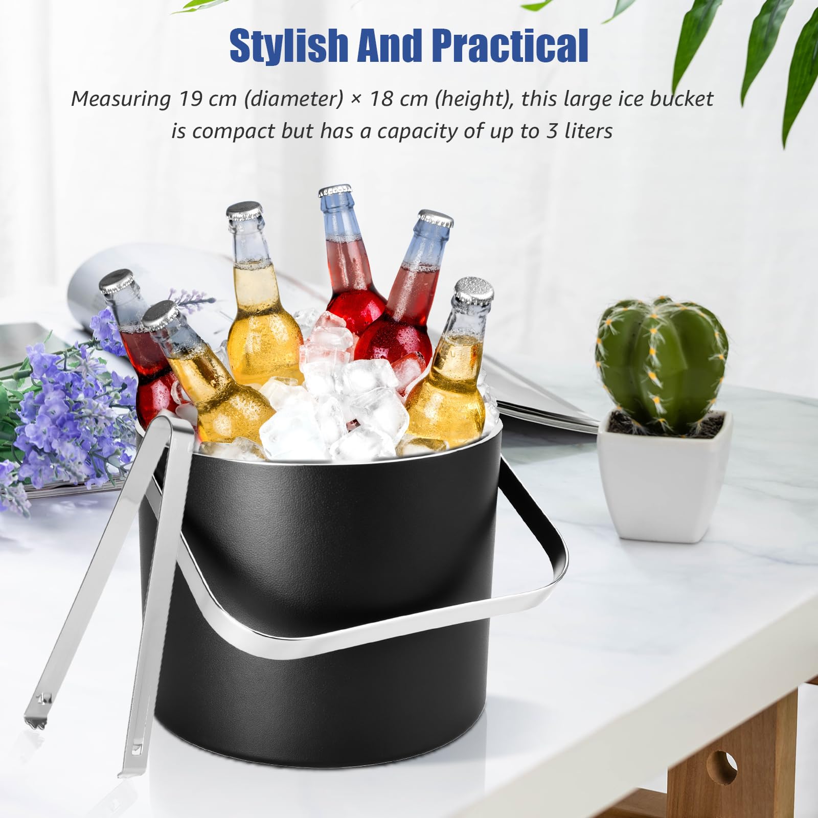 3L Seau à glace isolé exclusif de, en acier inoxydable, à double paroi, avec couvercle en silicone, pince, passoire, bac à glaçons en acier inoxydable, seau à glace isolé pour les fêtes