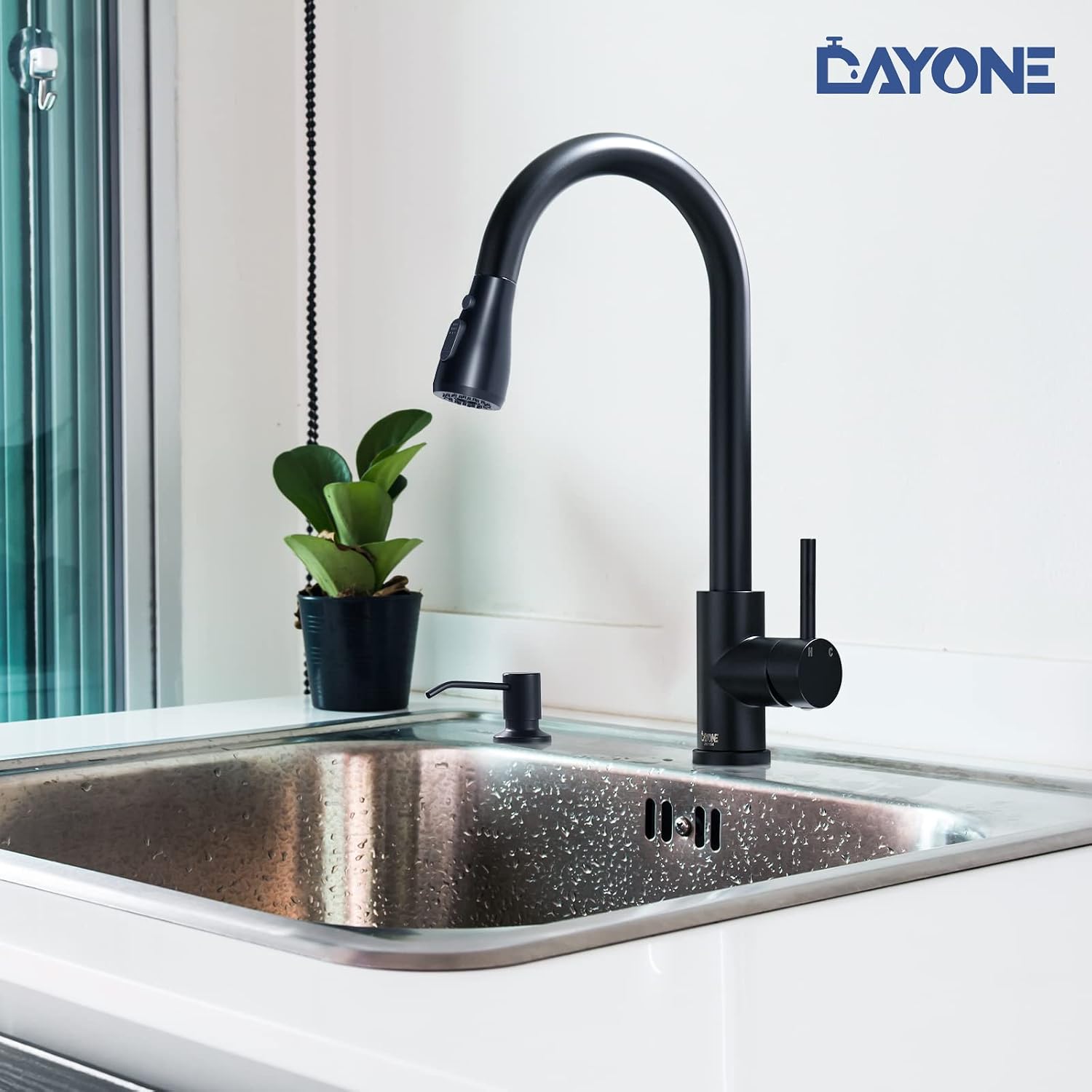 Matte Black Kitchen Faucet with Pull Down Sprayer and Soap Dispenser, DAYONE Single Handle High Arc Stainless Steel Kitchen Faucet Tap, with Escutcheon & 3 Functions, DAY-257MB