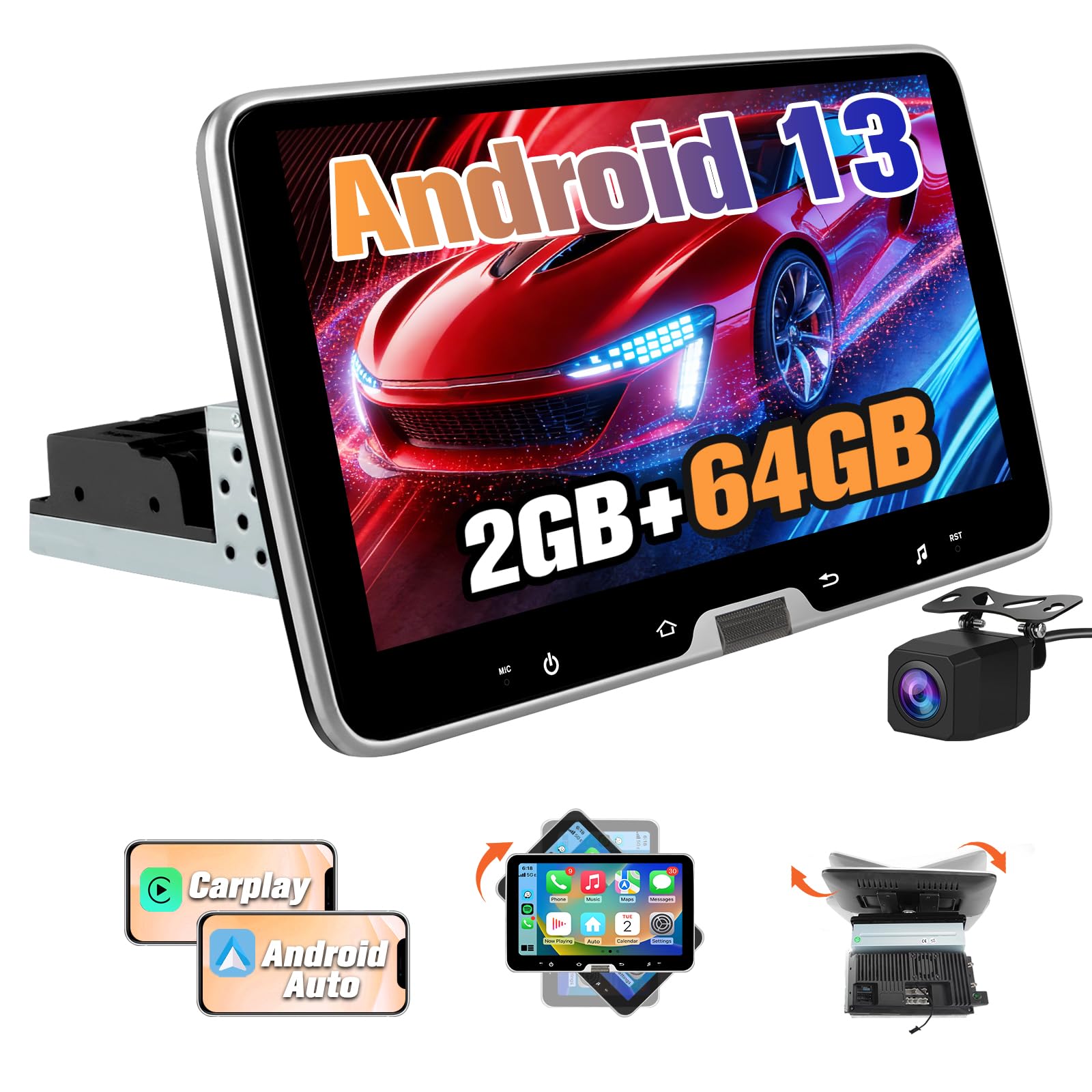 AWESAFE Autoradio 1 Din Universel Android 13 | Écran Tactile Amovible 10,1 Pouces | 2Go+64Go | CarPlay & Android Auto | Caméra de Recul | Bluetooth WiFi | FM RDS | Mirror Link | Autoradio Multimédia