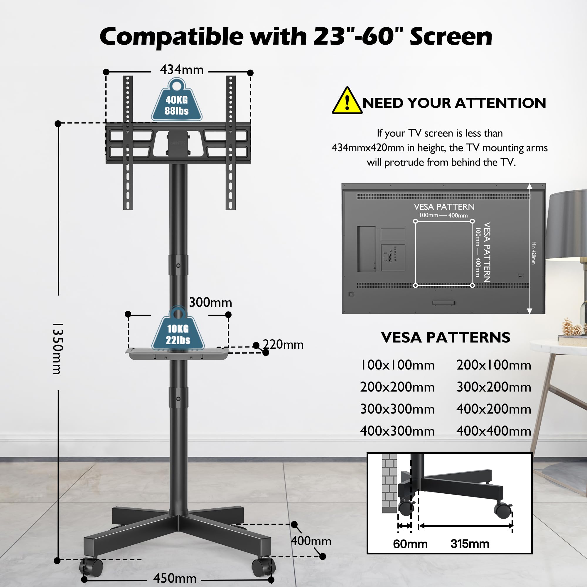 BONTEC Supporto TV da Pavimento, Carrello Inclinabile per TV con Ripiano Multimediale e Ruote di Bloccaggio, Porta TV Adatto per LED, LCD, da 23 a 60 Pollici, Fino a 40 Kg, VESA Max 400 x 400 mm