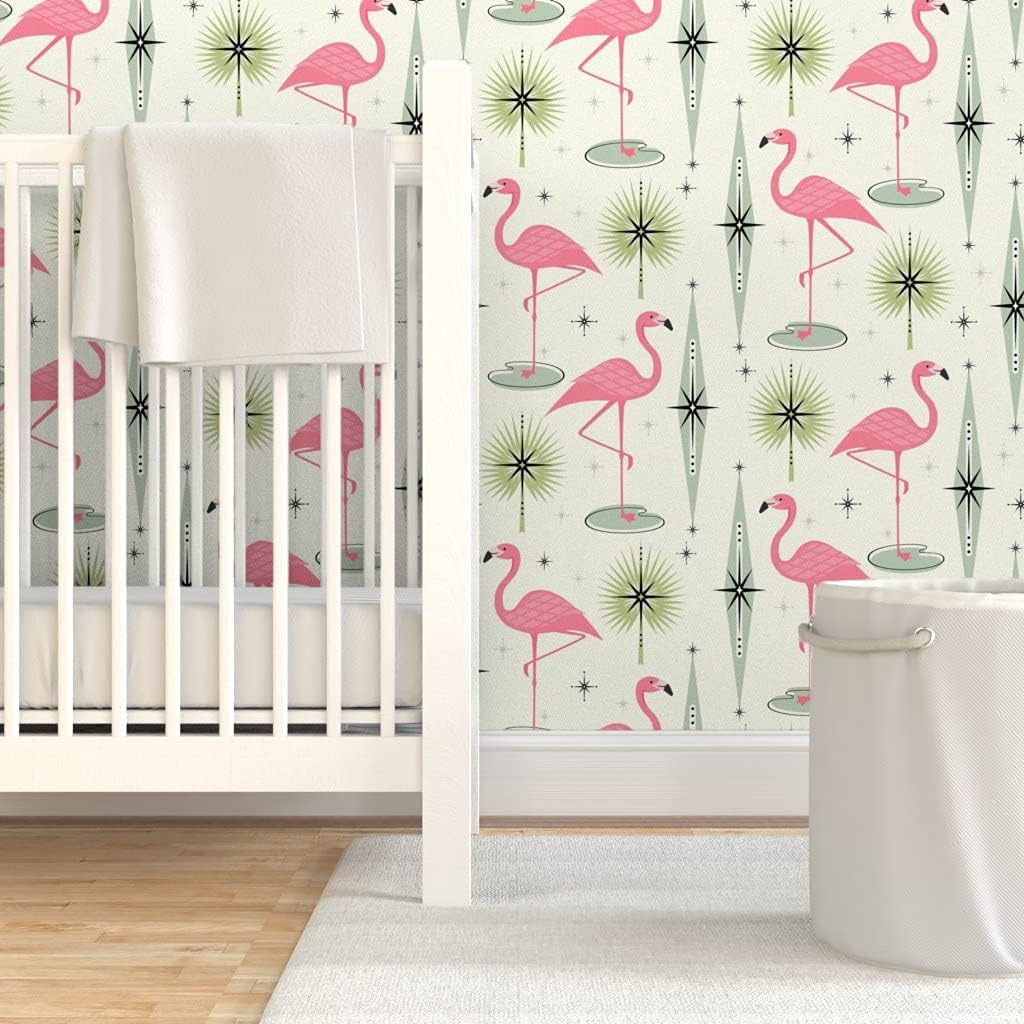 Spoonflower Peel & Stick Wallpaper 6ft x 2ft - Atomic Flamingo Vertical Pink Flamingos Palm Leaves Diamonds Mid Century Retro Fifties 1950S Birds Custom Removable Wallpaper