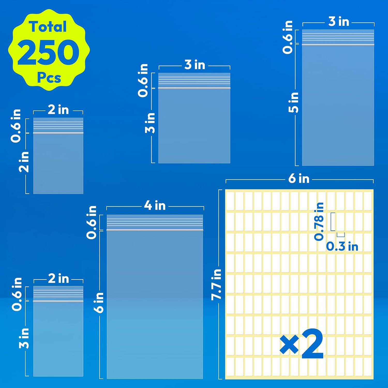 250Pcs Small Zip Bags, 2 Mil Clear Plastic, Assorted Sizes image 2