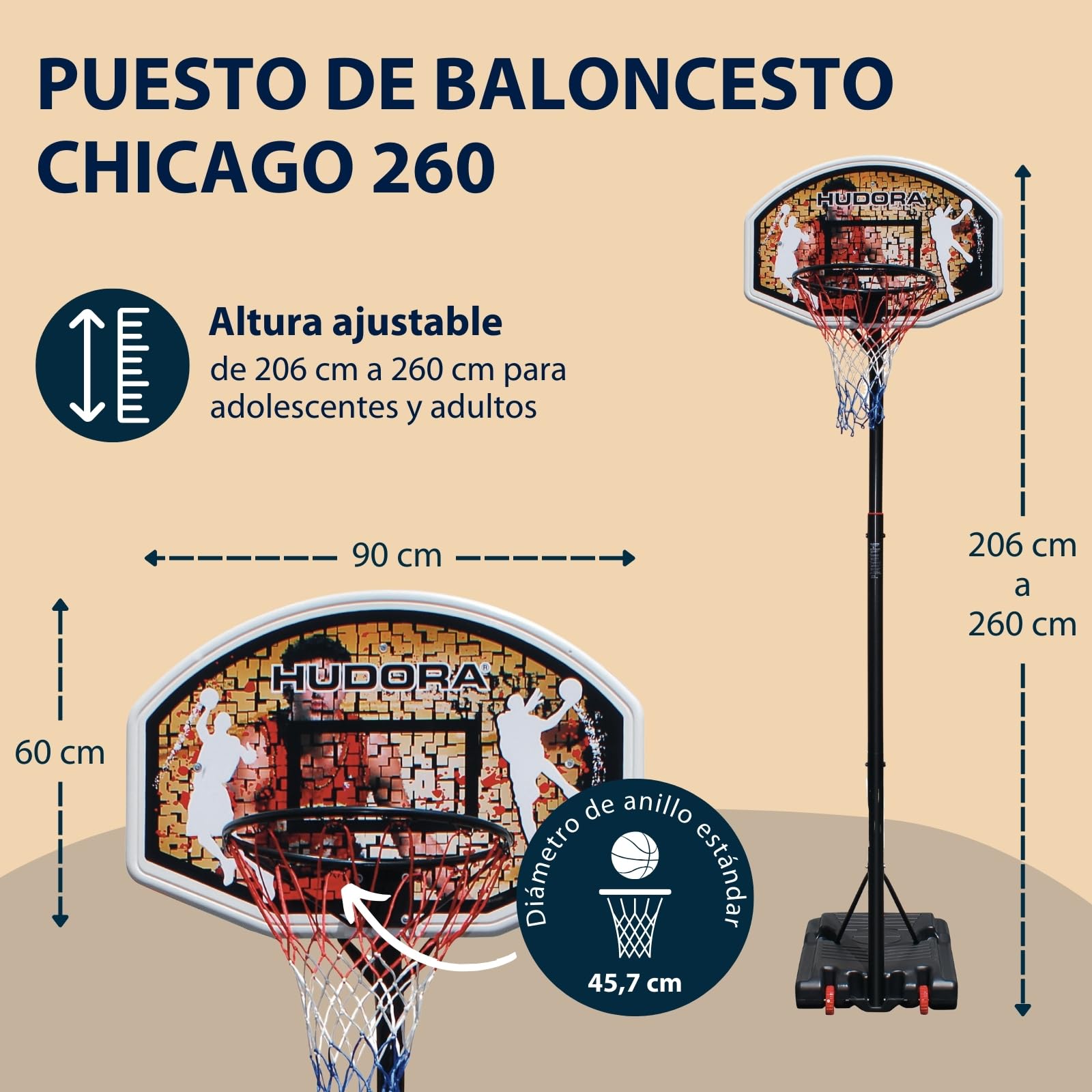HUDORA Puesto de Baloncesto Chicago - Soporte de Baloncesto Ajustable en Altura 206-260 cm - Canasta de Baloncesto móvil para niños, Adolescentes y Adultos - Canasta con Soporte y Ruedas