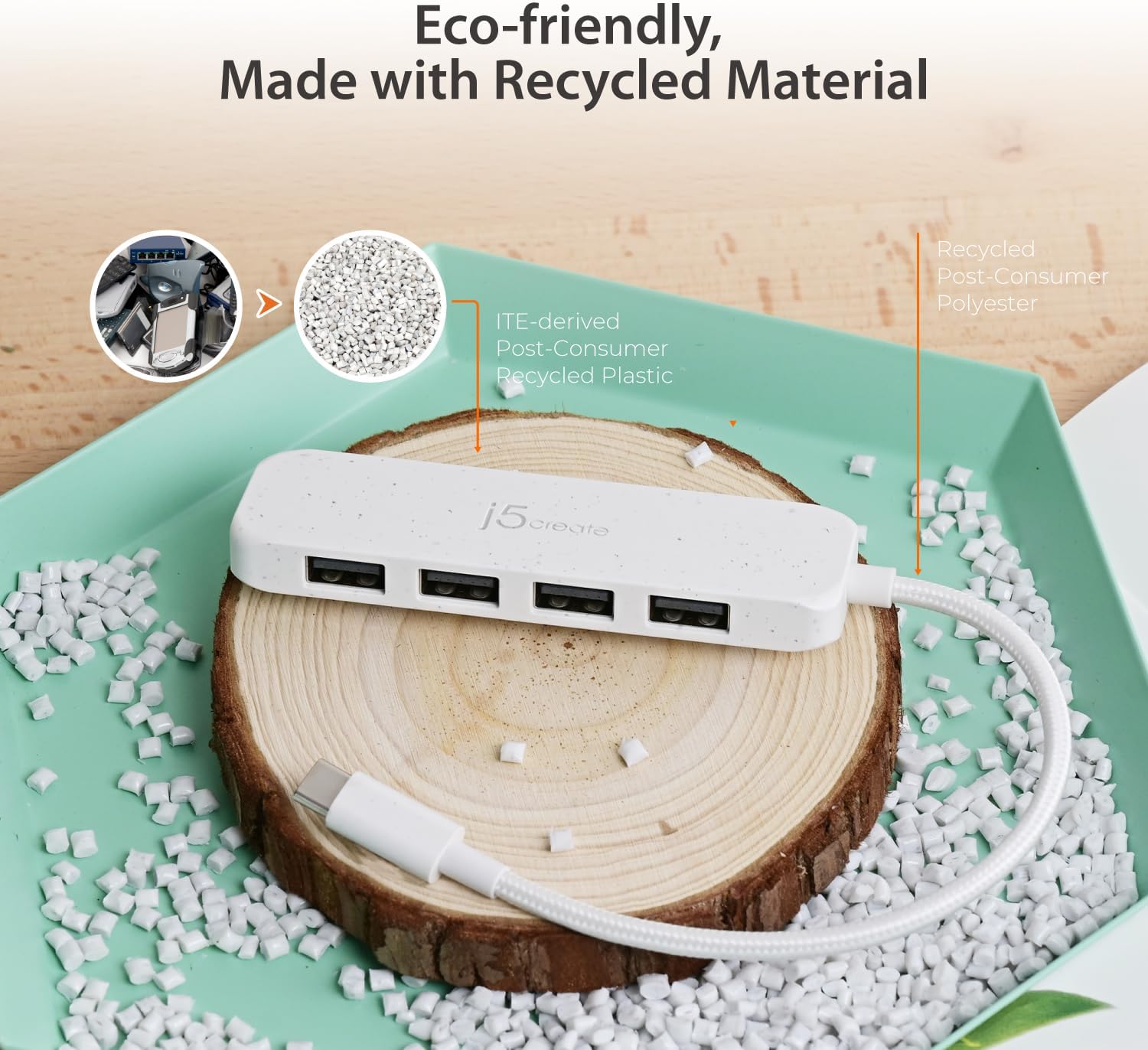 j5create 4-in-1 USB-C to 4-Port Type-A Hub(Eco-Friendly), 4 USB-A with 10Gbps SuperSpeed, USB-C Dongle | Compatible with MacBook Pro, MacBook Air, iPad, Mac mini and More Type C Devices(JCH341EC)