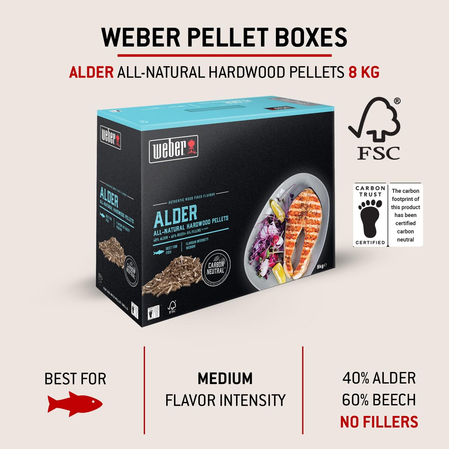 Weber pellet - Drewno Z Olchy (8kg), Doskonałe do Wędzenia Ryb, 100% Naturalne Drewnopellety, Produkt UE, Zrównoważone Odbiór, Certyfikowane Drewno FSC (18290)