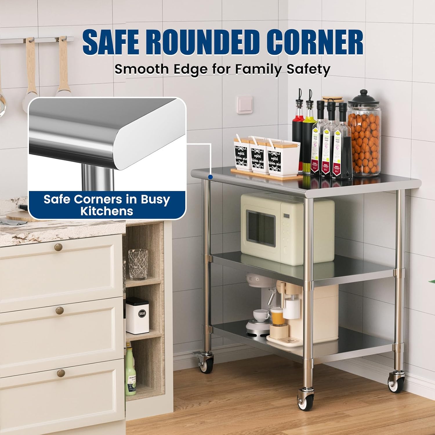 Stainless Steel Work Table with Wheels, 24x36 Inch NSF Kitchen Prep Table with 2 Adjustable Undershelves for Commercial Restaurant, Garage, Outdoor BBQ