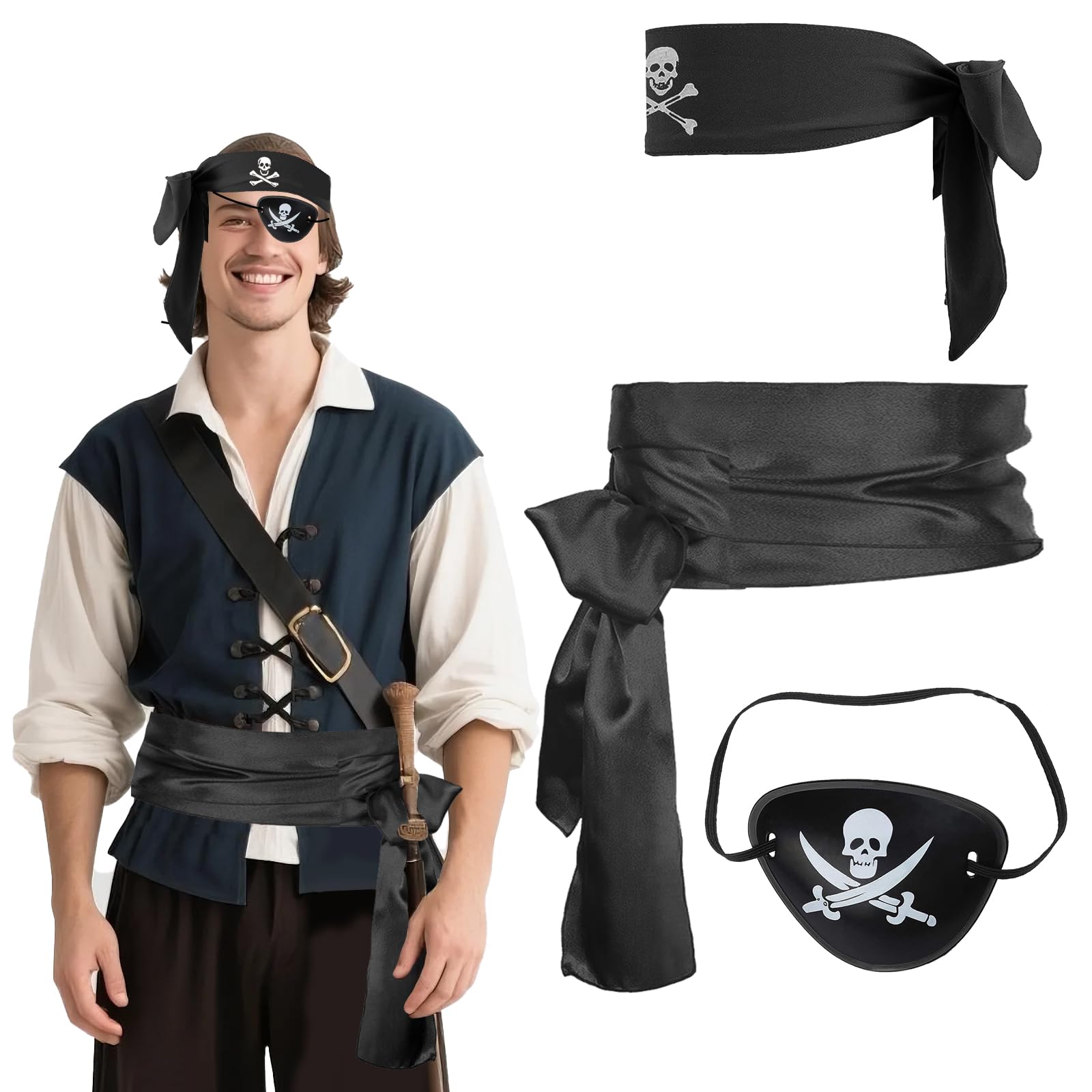 Set De Accesorios Pirata De 3 Piezas – Bandana, Parche Y Cinturón Para Mujer Y Hombre, Ideal Para Cosplay Y Fiestas Temáticas