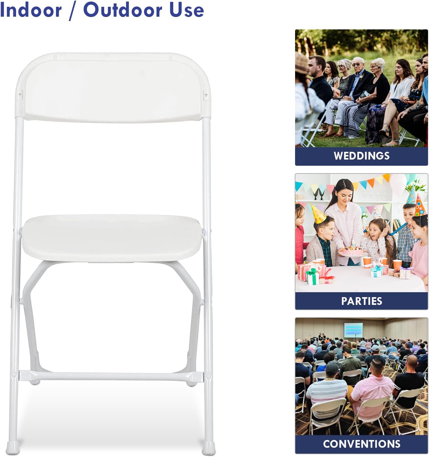 AJP Distributors Folding Chair,Comfortable Event Chair with Back,Portable Stackable Commercial Seat for Indoor and Outdoor,Office,Wedding,Party,Picnic,Kitchen Dining,Patio&Garden(White,4 Pack 650 lb)