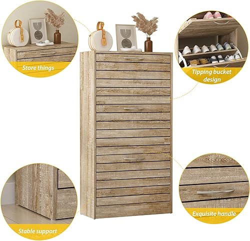 Miniatura 4 de FUFU&GAGA Armario de madera para zapatos, armario estrecho de almacenamiento de zapatos con 3 cajones abatibles, armario independiente de 3 niveles,
