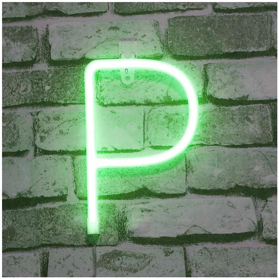 Letter Neon Lights, LED Neon Night Light Neon Lights Wall Decorative Night Light USB Battery for Kids Bedroom Green (P)